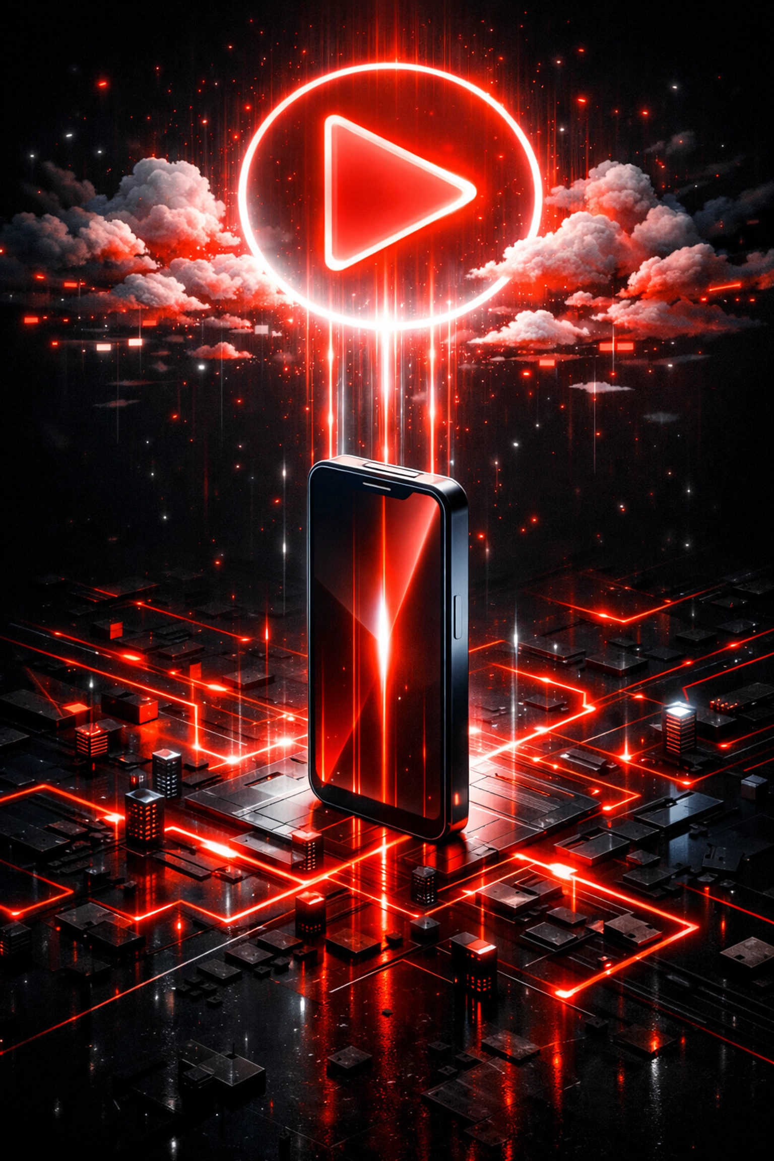 A smartphone connected to a digital play button symbol representing the YouTube Shorts algorithm and ecosystem.