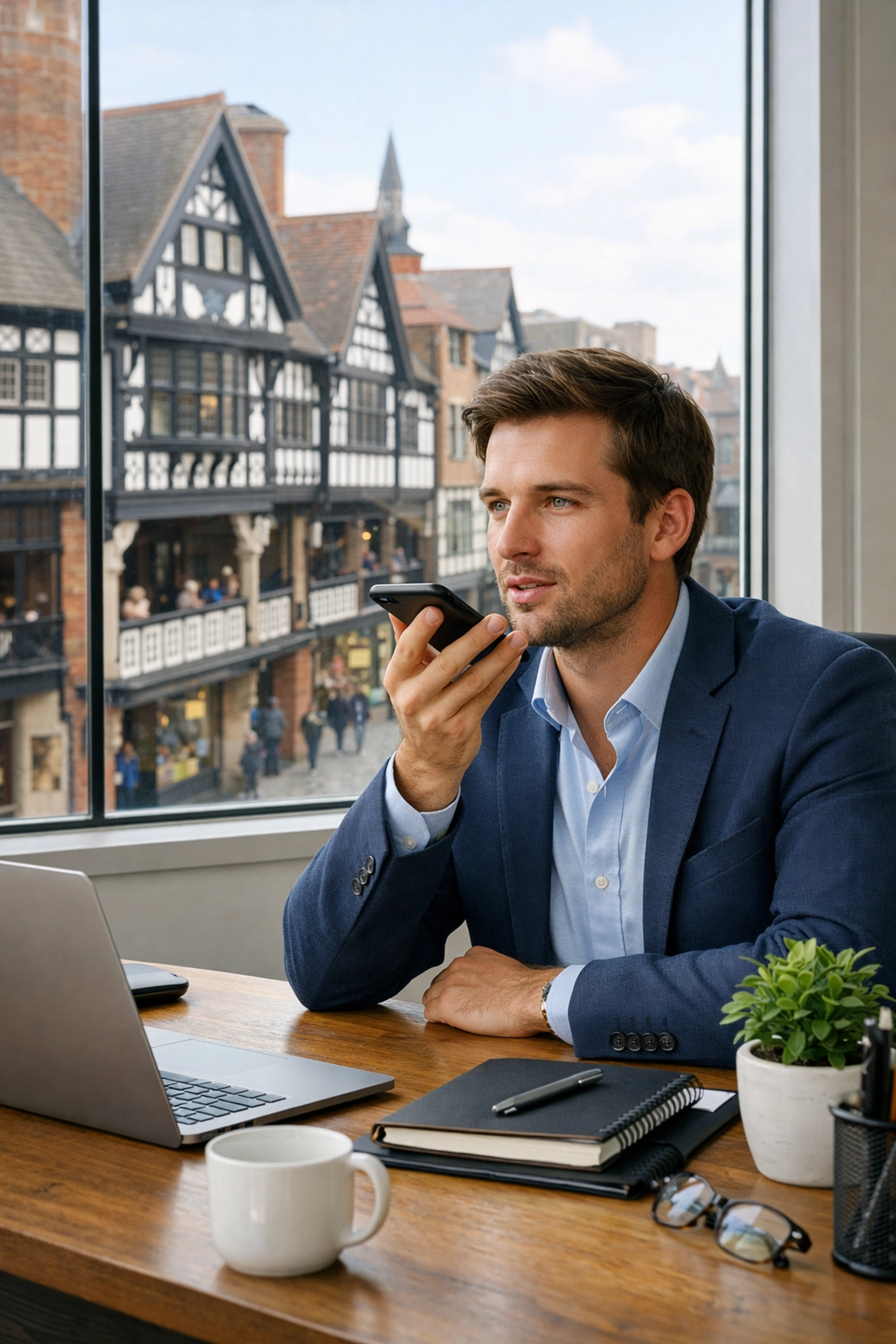 Professional in a Chester office using voice search on a smartphone to find local services.