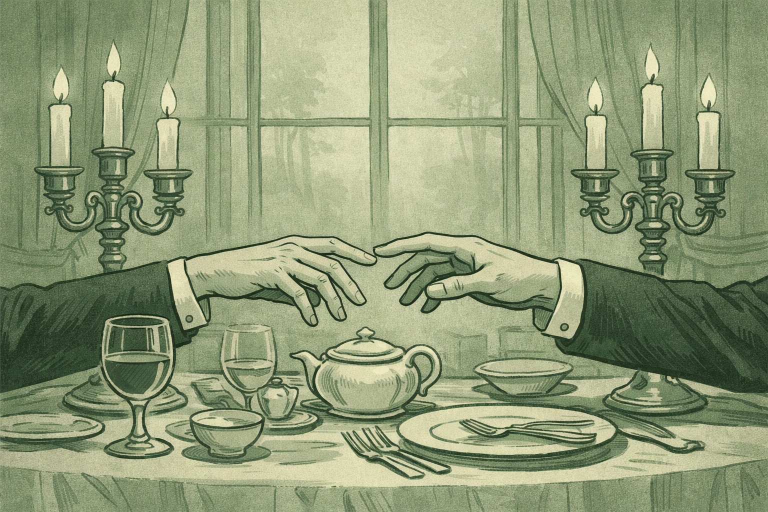 Victorian step-brothers' hands nearly touch across formal dinner table showing forbidden desire