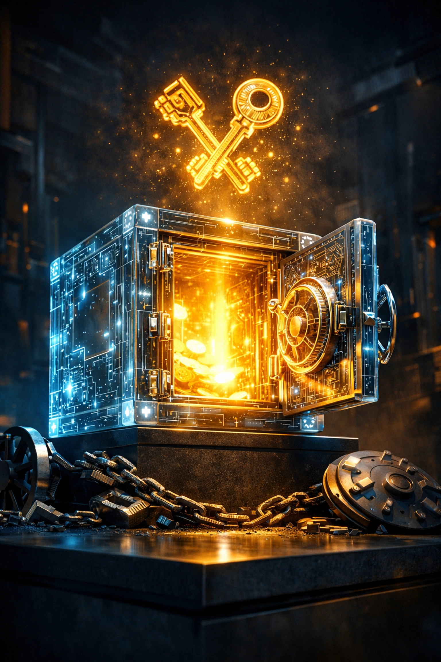 Digital blockchain vault with cryptographic keys representing merchant self-custody payment control