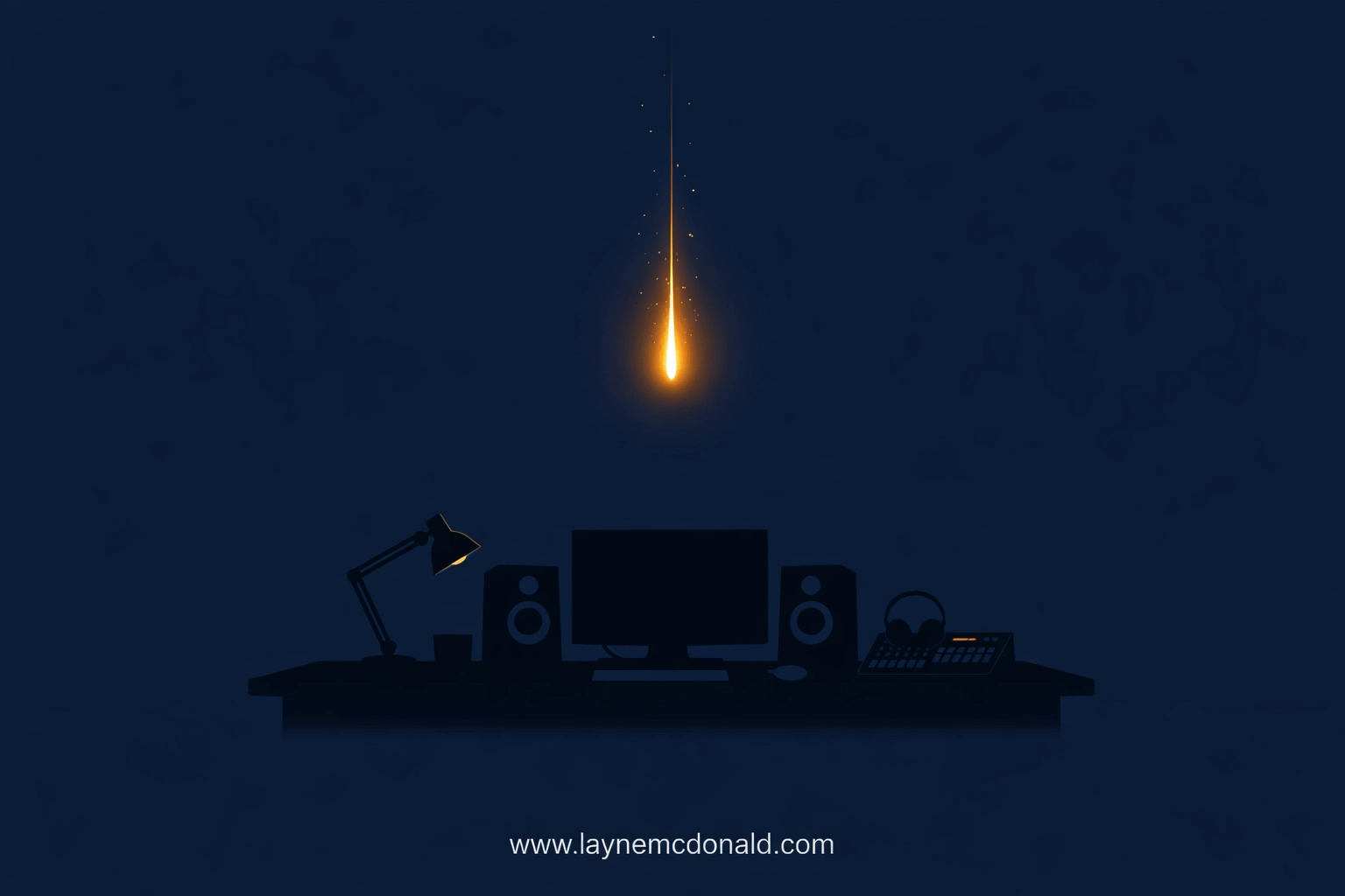 A glowing spark above a production desk silhouette, symbolizing prayer-centered creativity in media production.