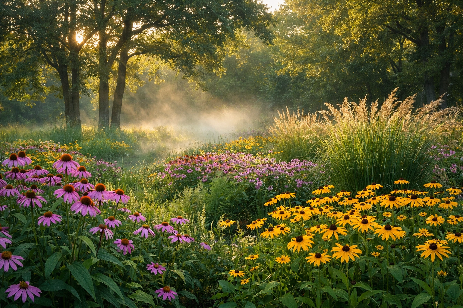 Vibrant Clarkston native Michigan garden with coneflowers and black-eyed susans for low-maintenance landscaping.