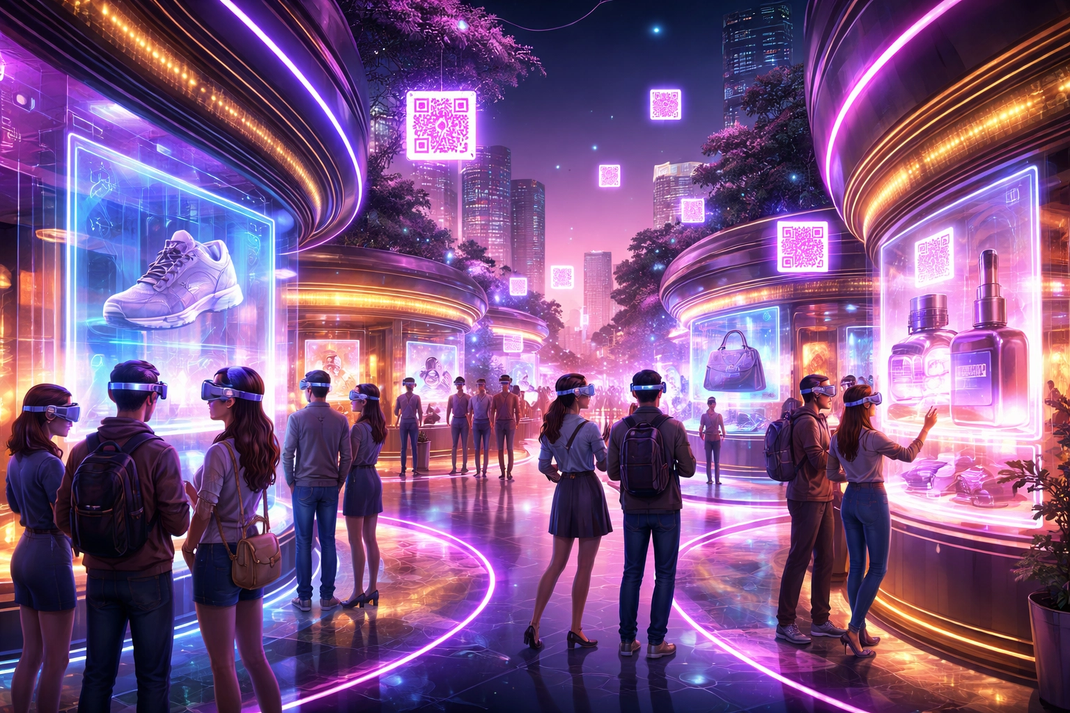 Metaverse shopping district with virtual storefronts and VR shoppers exploring social crypto commerce.