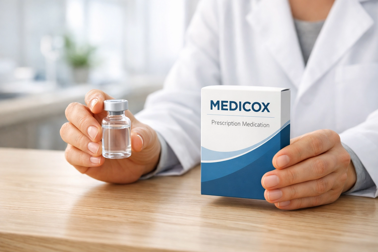 A doctor comparing a branded Wegovy box and a compounded semaglutide vial in a medical office.