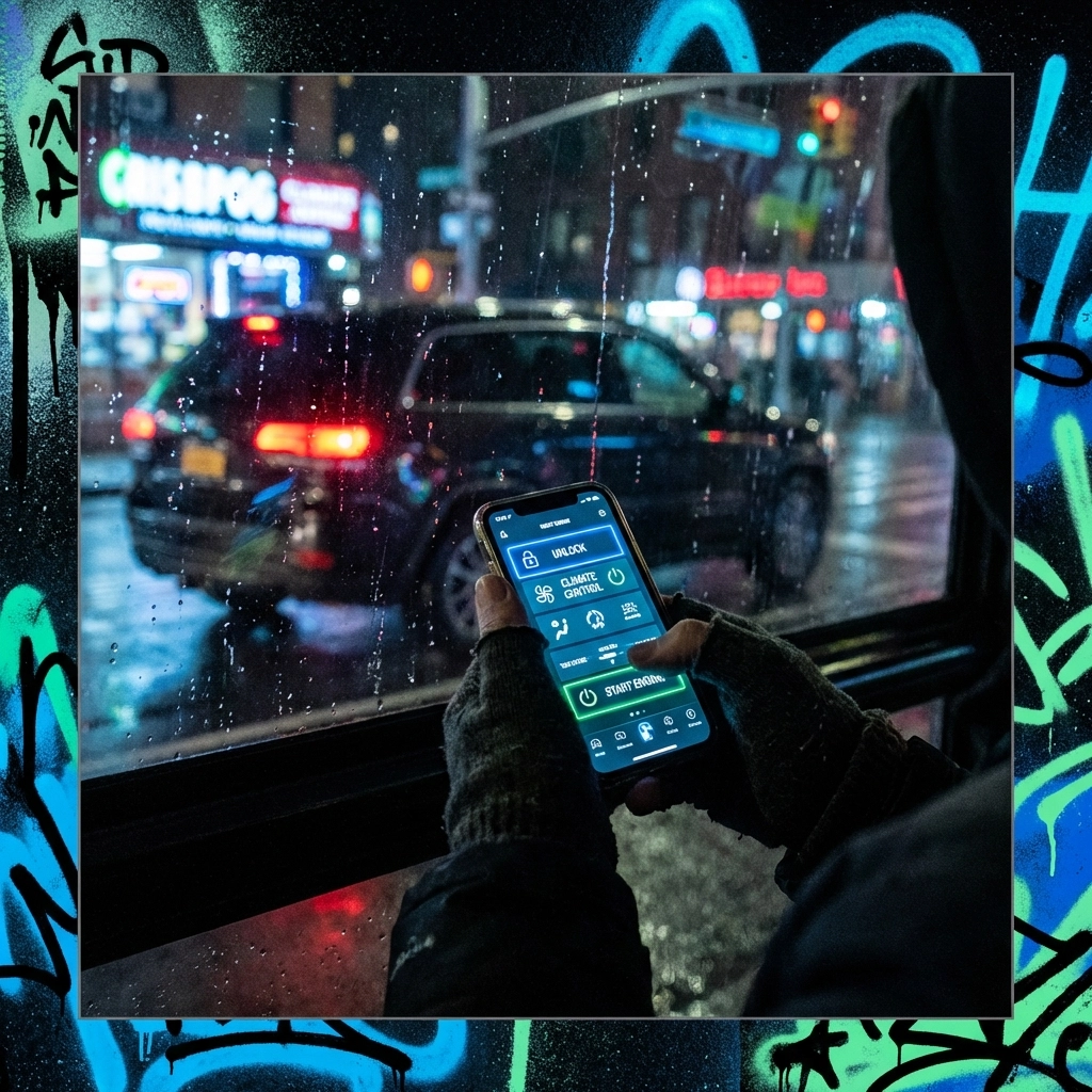 Close-up of smartphone controlling car remotely, illustrating smart remote start features for Pittsburgh drivers.