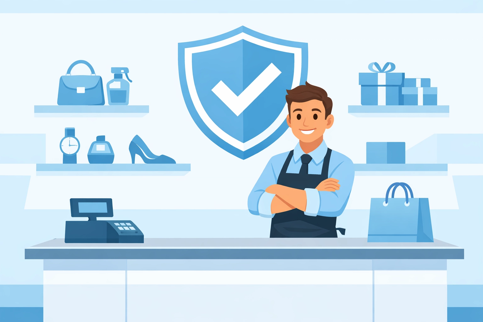 Confident pawn shop owner using secure authentication to protect business profits.