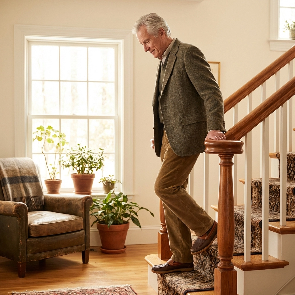 A senior man safely descending a well-lit home staircase using a handrail for stability.