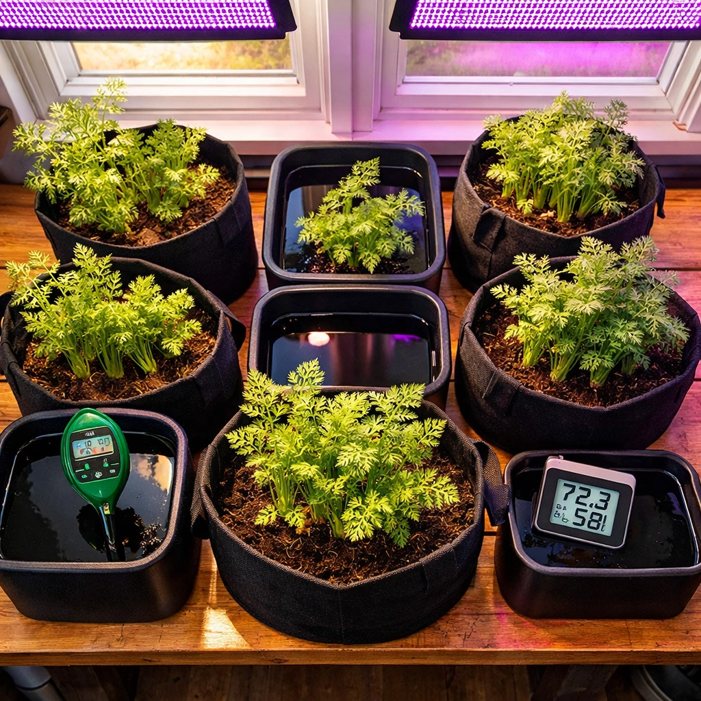 Indoor carrot growing setup with LED grow lights, fabric grow bags, and monitoring equipment