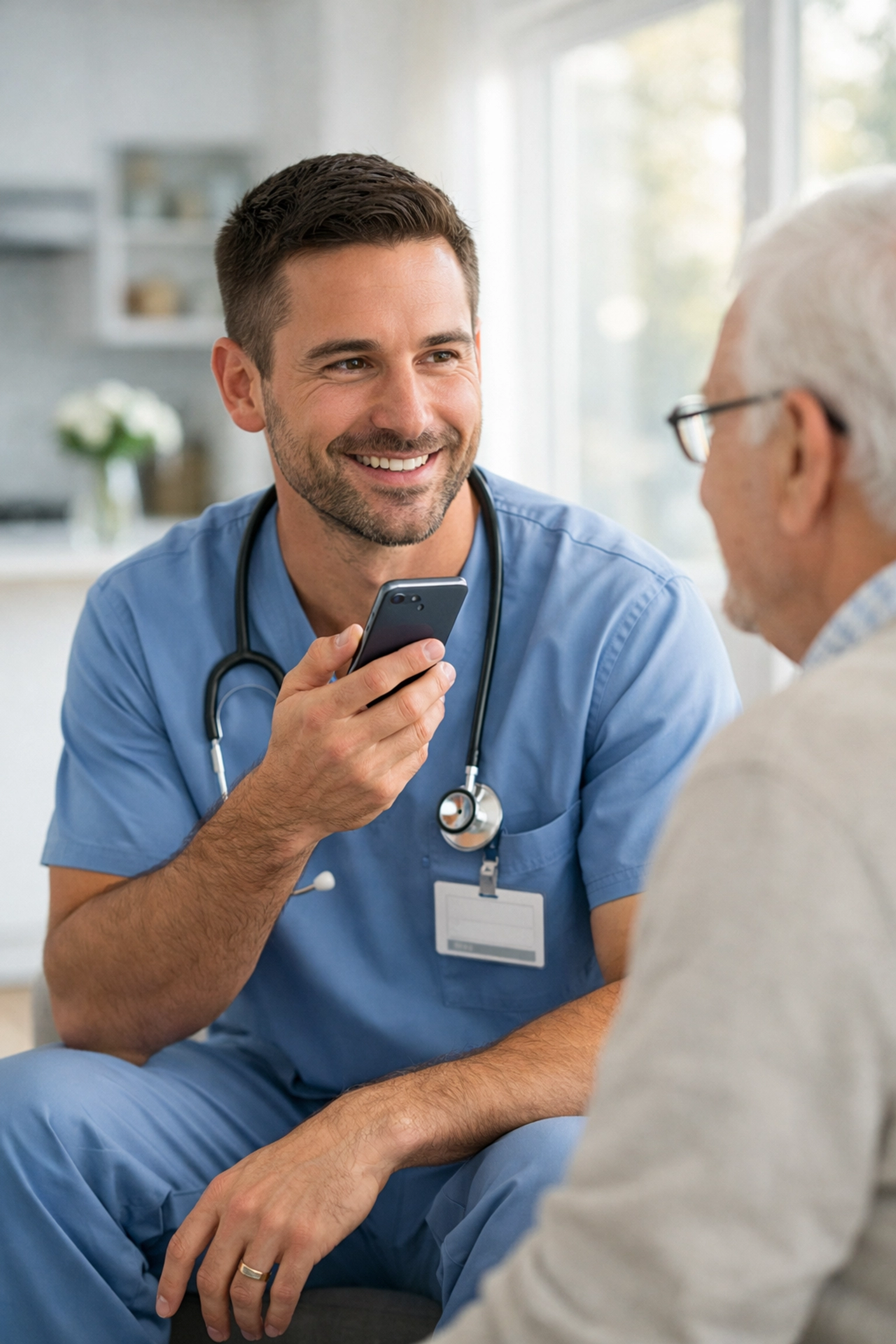 Clinician using medical dictation software and an AI SOAP note generator during a patient visit.