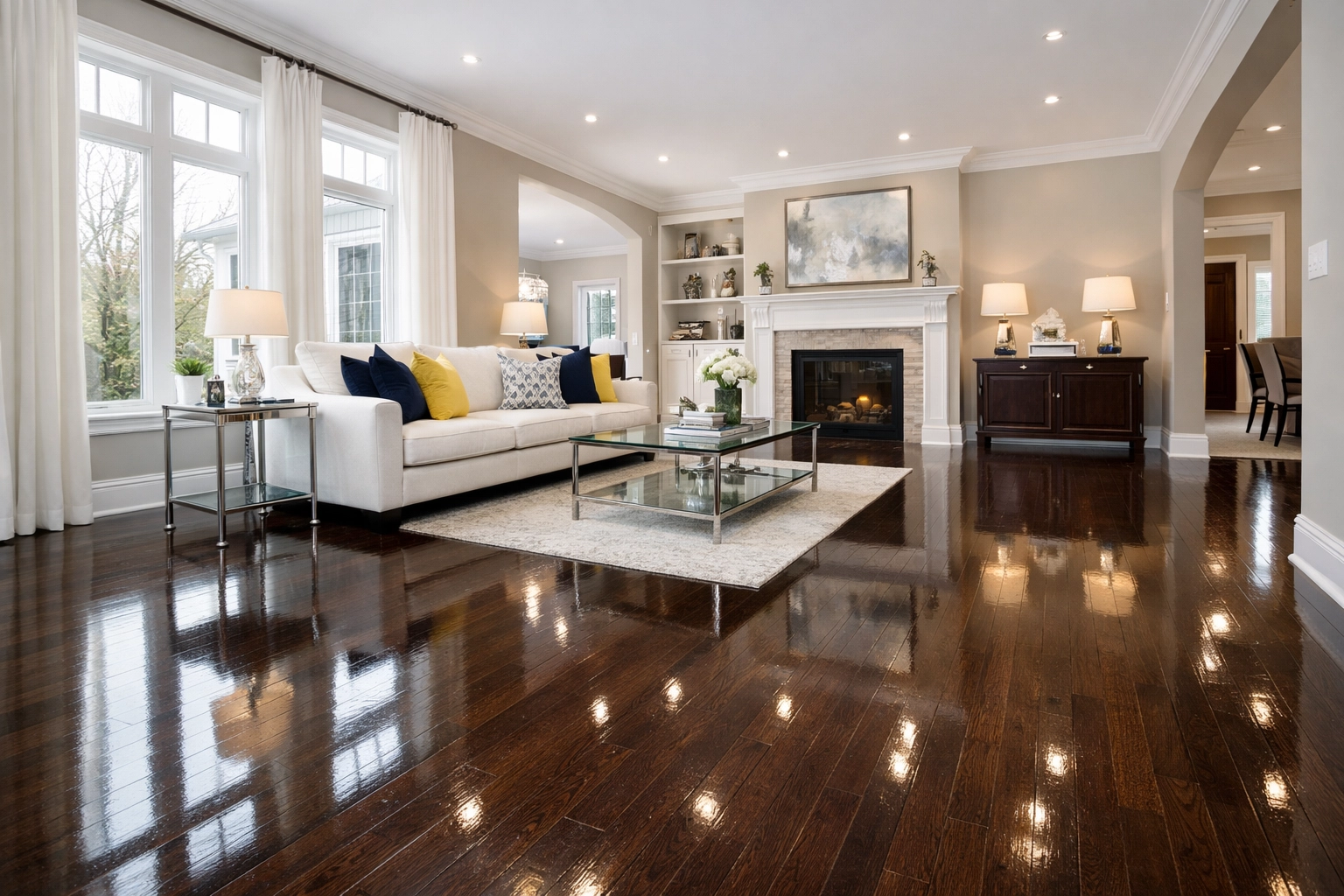 Polished hardwood floors in a luxury living room following a professional Milton home cleaning session.