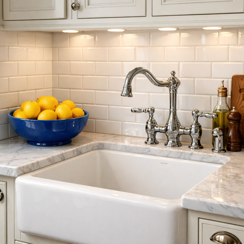 Sparkling farmhouse sink and marble countertops after a professional deep clean in Wayland.