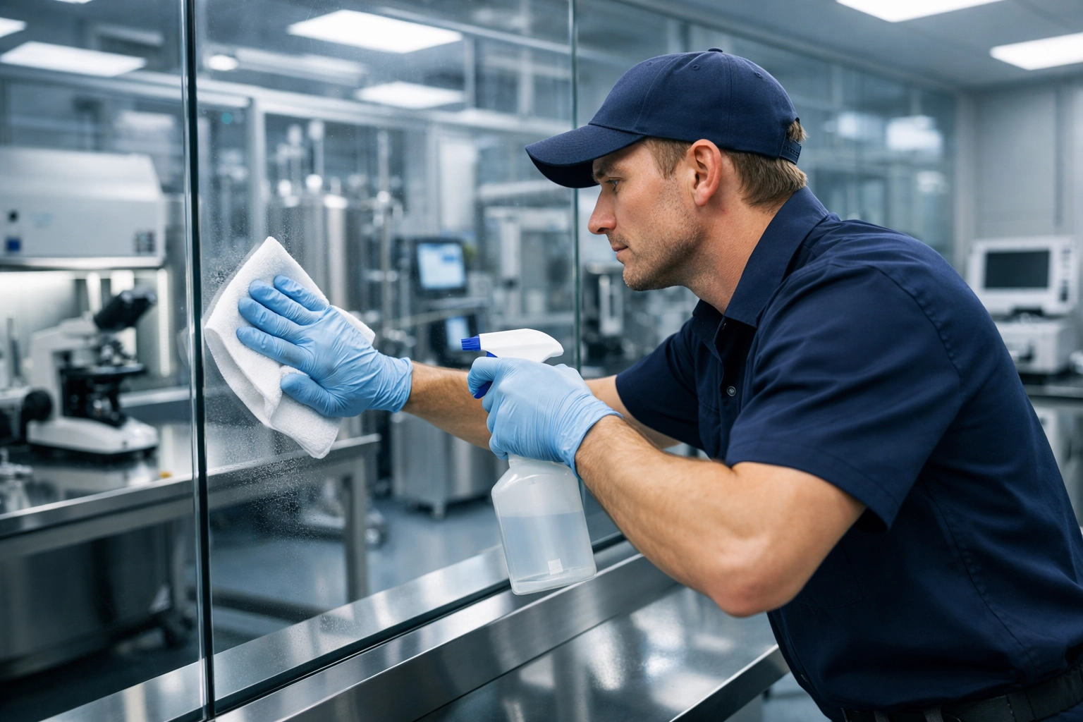 Expert technician providing specialized commercial cleaning in a Worcester MA biotech laboratory.