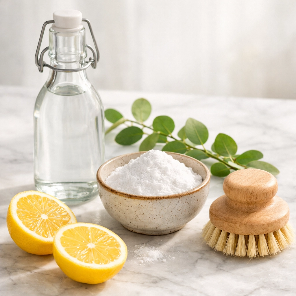 Eco-friendly cleaning supplies including white vinegar, baking soda, and lemons on a marble surface.