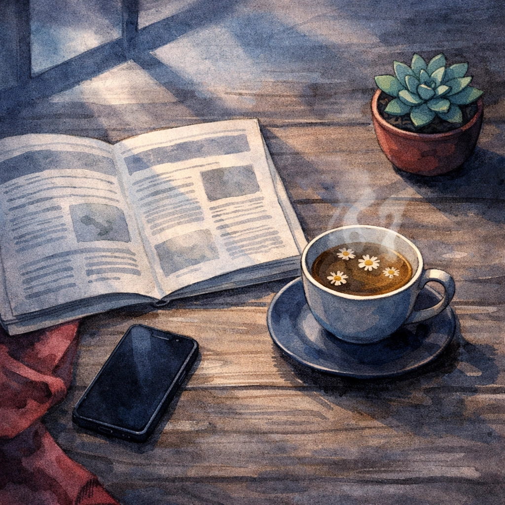 Evening table with newspaper and tea showing healthy news boundaries and intentional rest