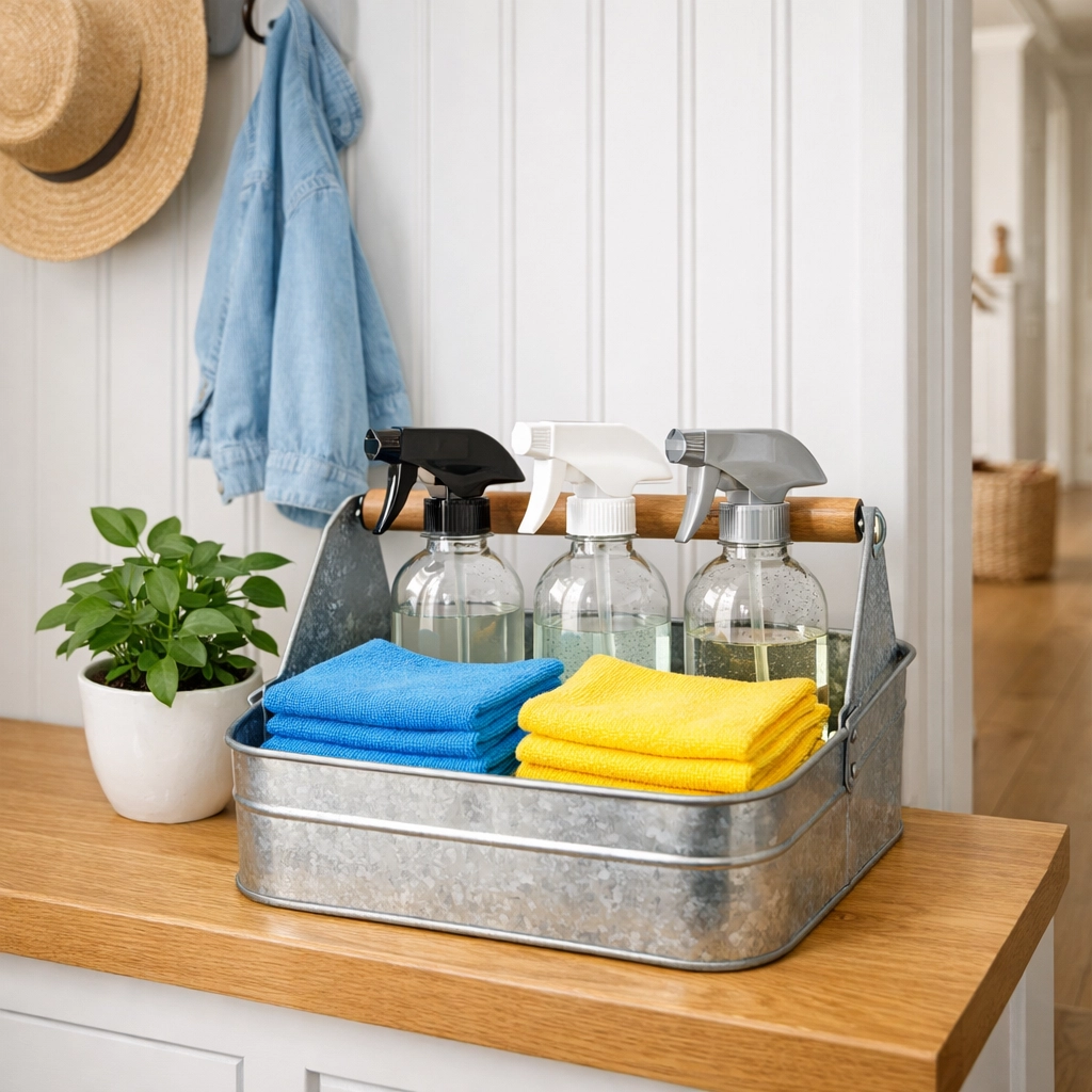 Eco-friendly house cleaning Cambridge MA supplies in a bright, organized residential mudroom.