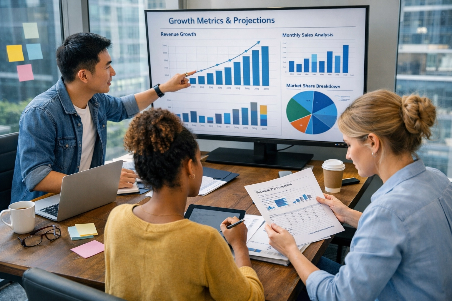 Startup founding team analyzing growth projections and strategic plans for pre-revenue funding round