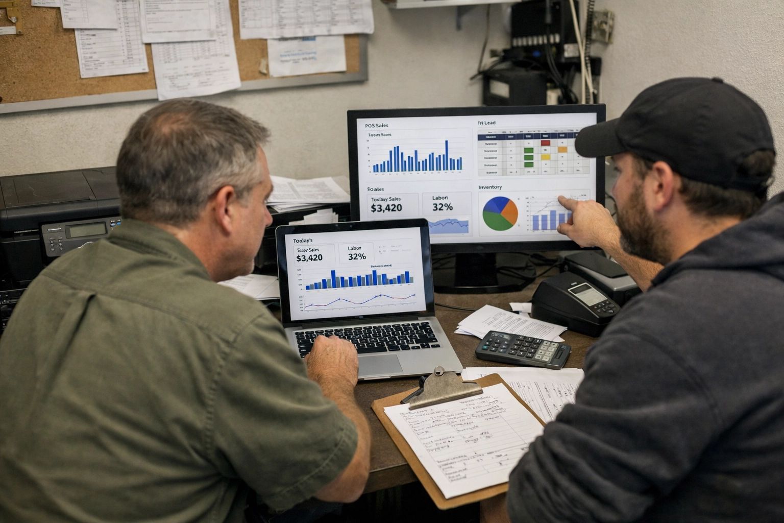 Restaurant operations manager and technologist reviewing POS, labor, and inventory dashboards in a realistic back-office setting.