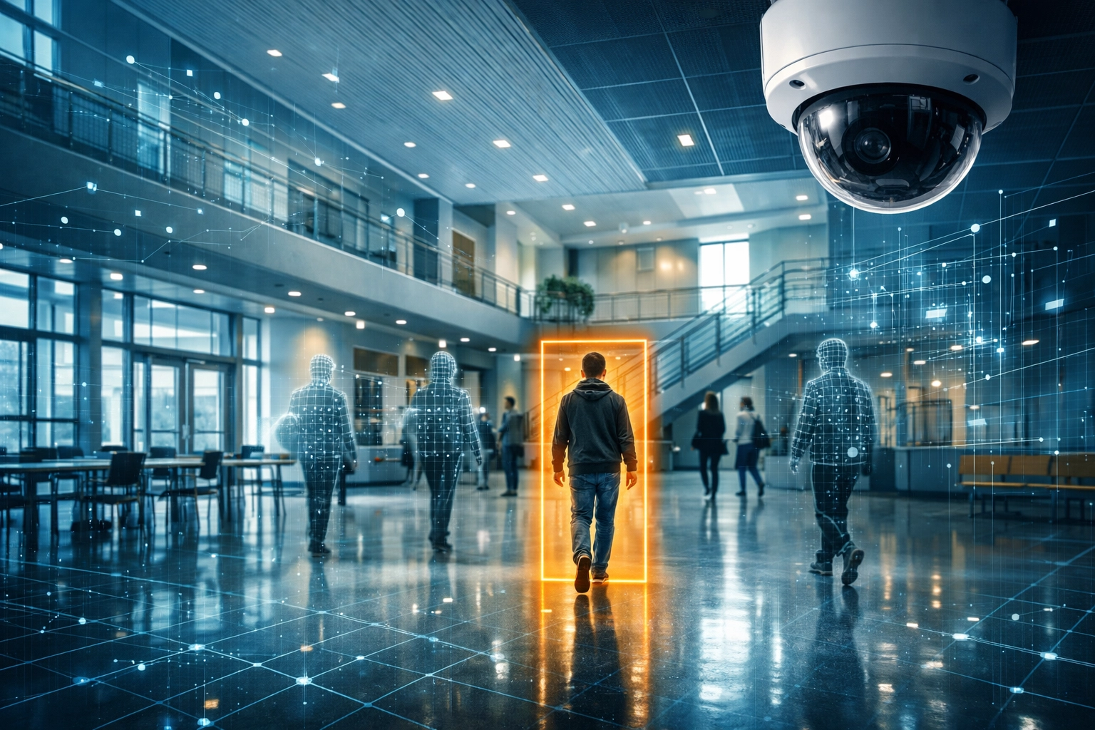 ClearPath360 behavioral detection AI monitoring a school atrium for proactive public safety and weapon detection.