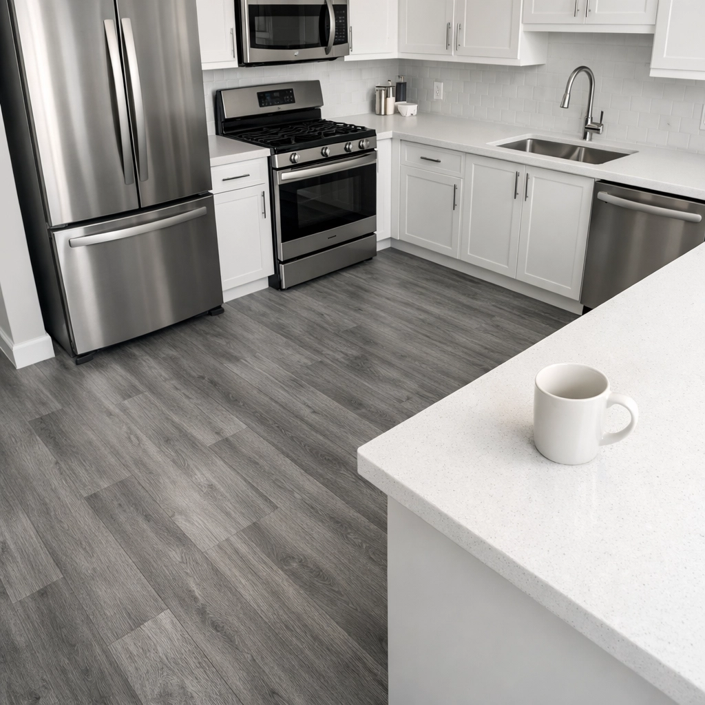 High-end kitchen with grey luxury vinyl plank flooring, ideal for rental property insurance protection.