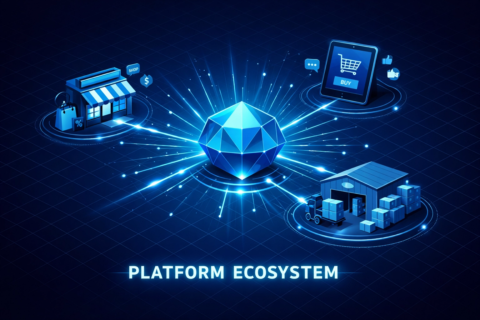 Isometric illustration of an integrated payment platform ecosystem linking retail and business operations.