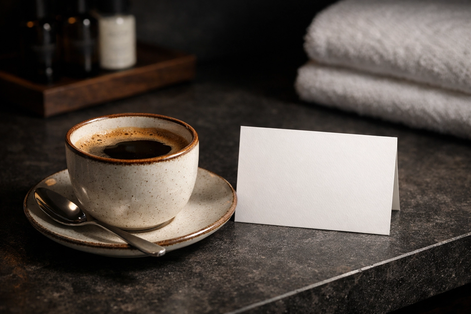 Close-up of personalized hotel guest amenities on a stone counter, representing high-touch service.