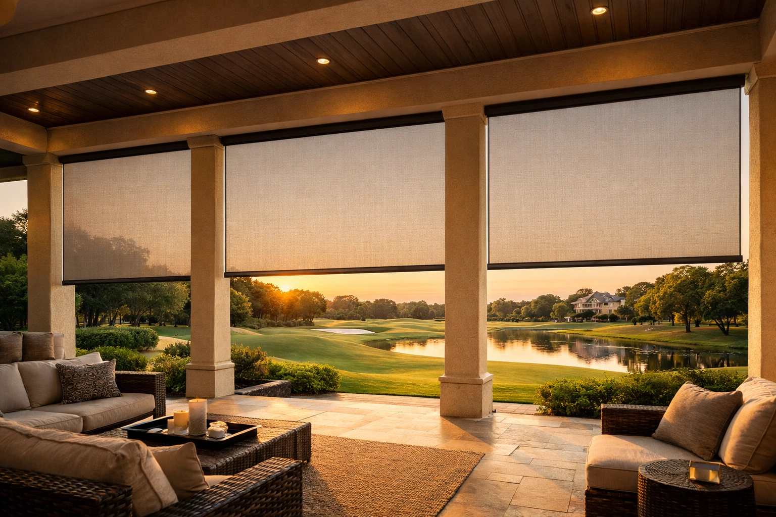 Motorized patio shades covering outdoor living area in Las Colinas TX