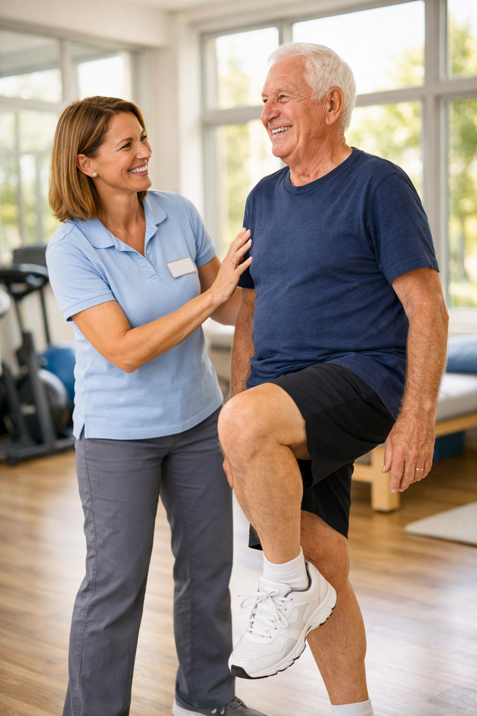 Physical therapist conducting balance assessment with senior patient