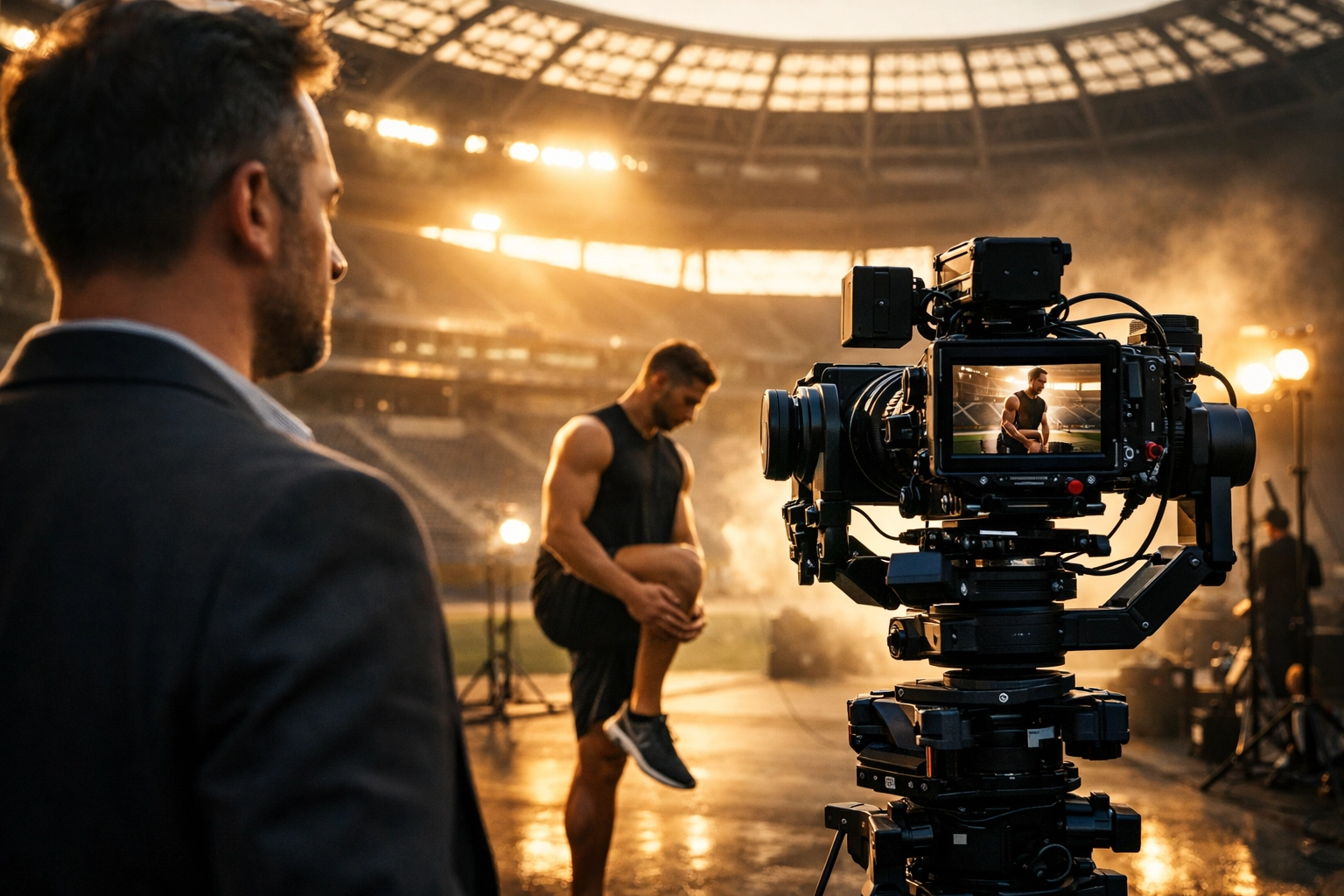 Behind-the-scenes view of an athlete filming a professional NIL commercial for a Super Bowl campaign.