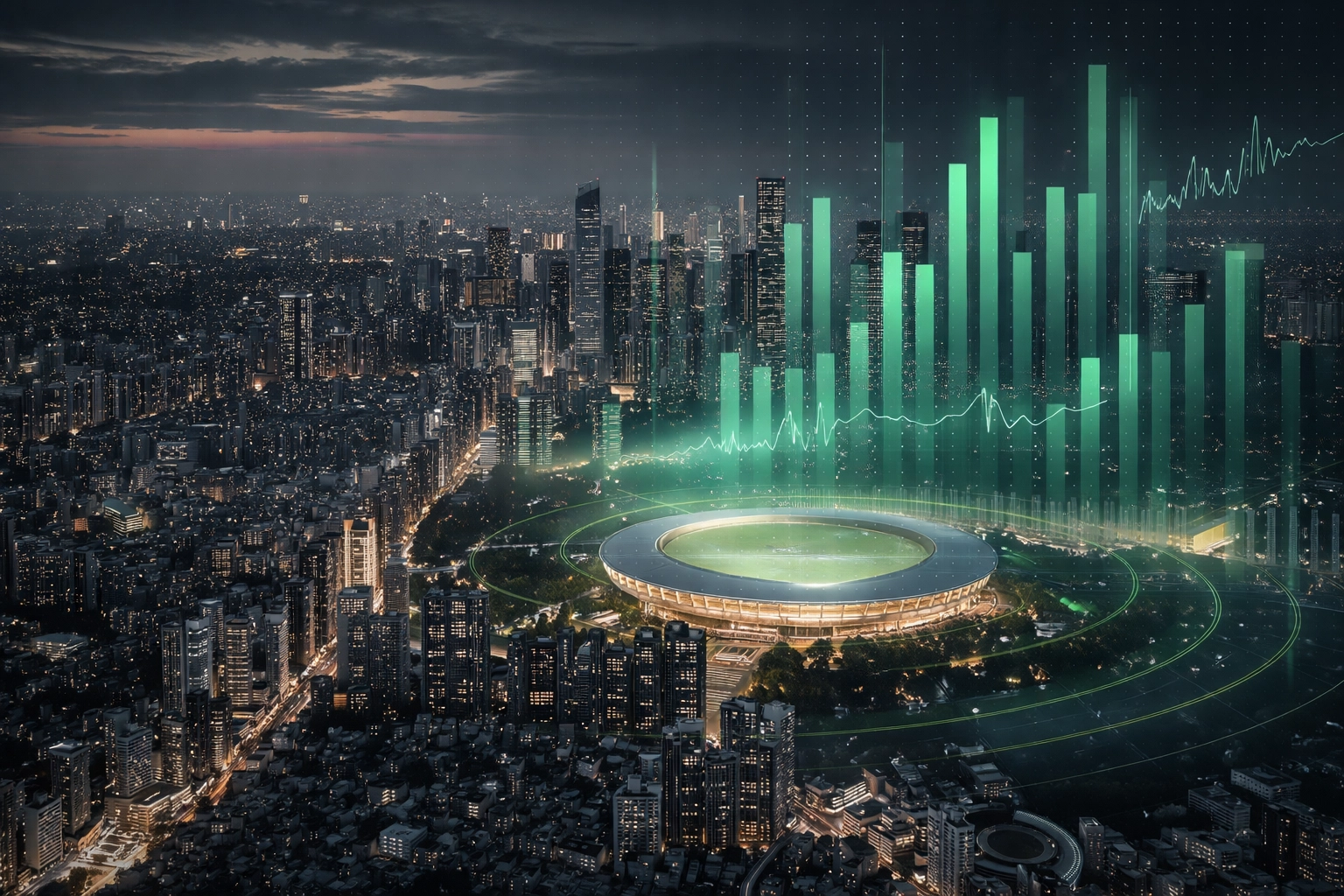 Aerial view of Tokyo cityscape blending with betting data graphics, representing Japanese football market analysis