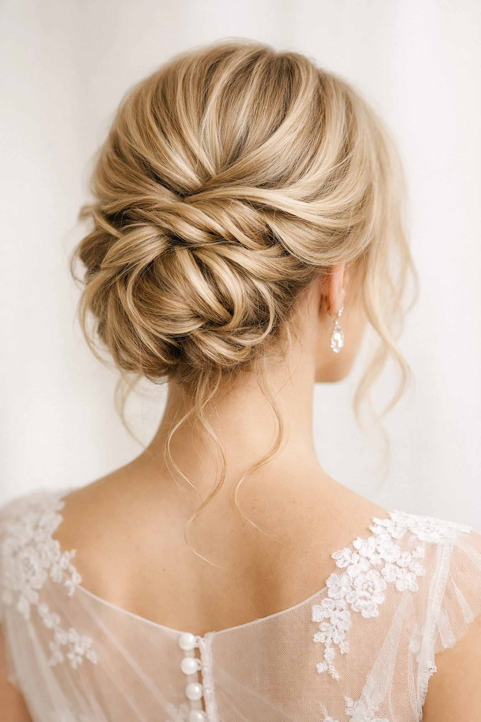 Elegant bridal updo with romantic curls for special events at our Concord NH salon.