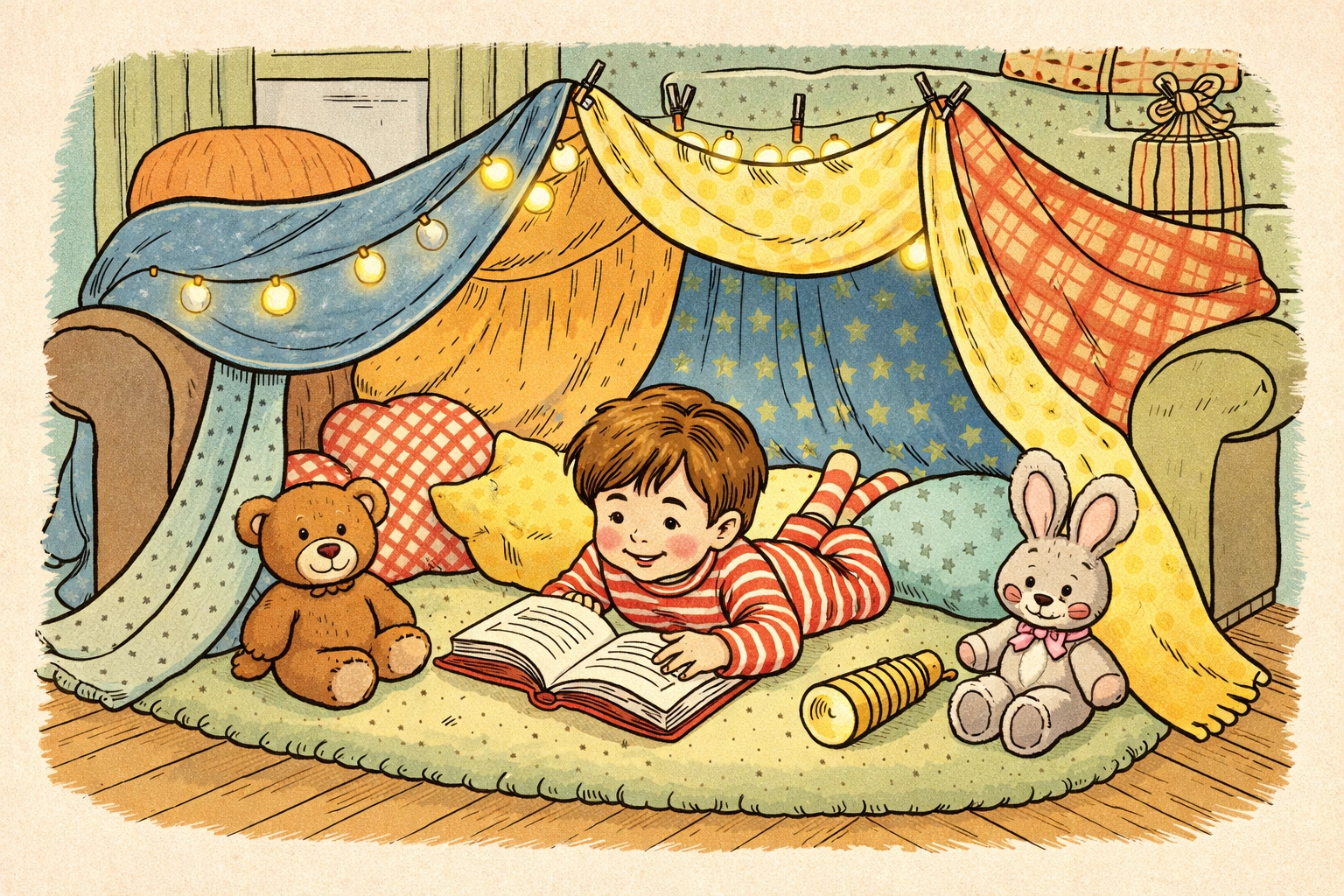 A child reads inside a cozy living room blanket fort with fairy lights and stuffed animals, creating an indoor camping adventure.