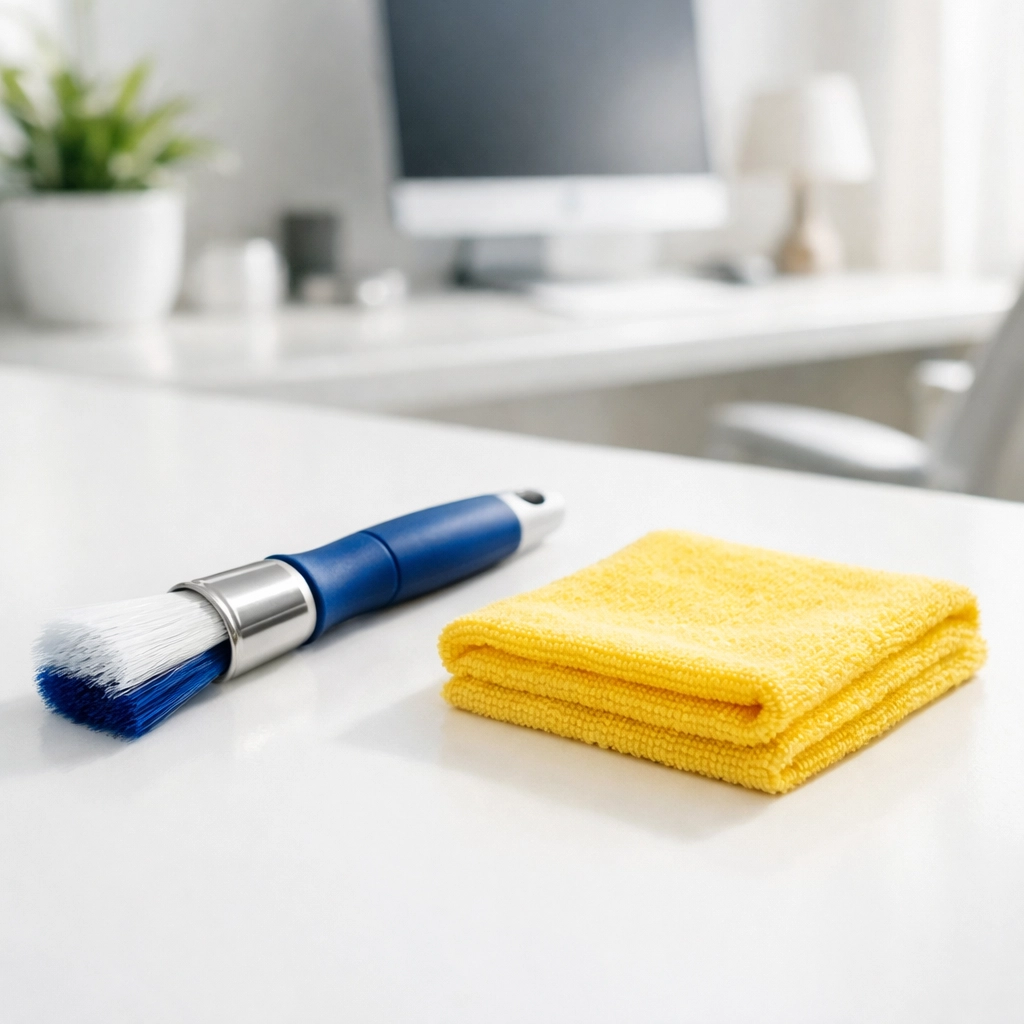 Professional detail toothbrush and microfiber cloth tools for consistent weekly house cleaning.