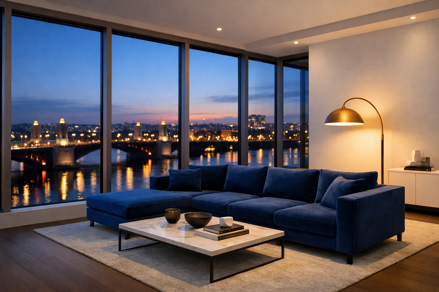 Clean living room in an East Cambridge penthouse highlighting the results of weekly house cleaning Cambridge MA.