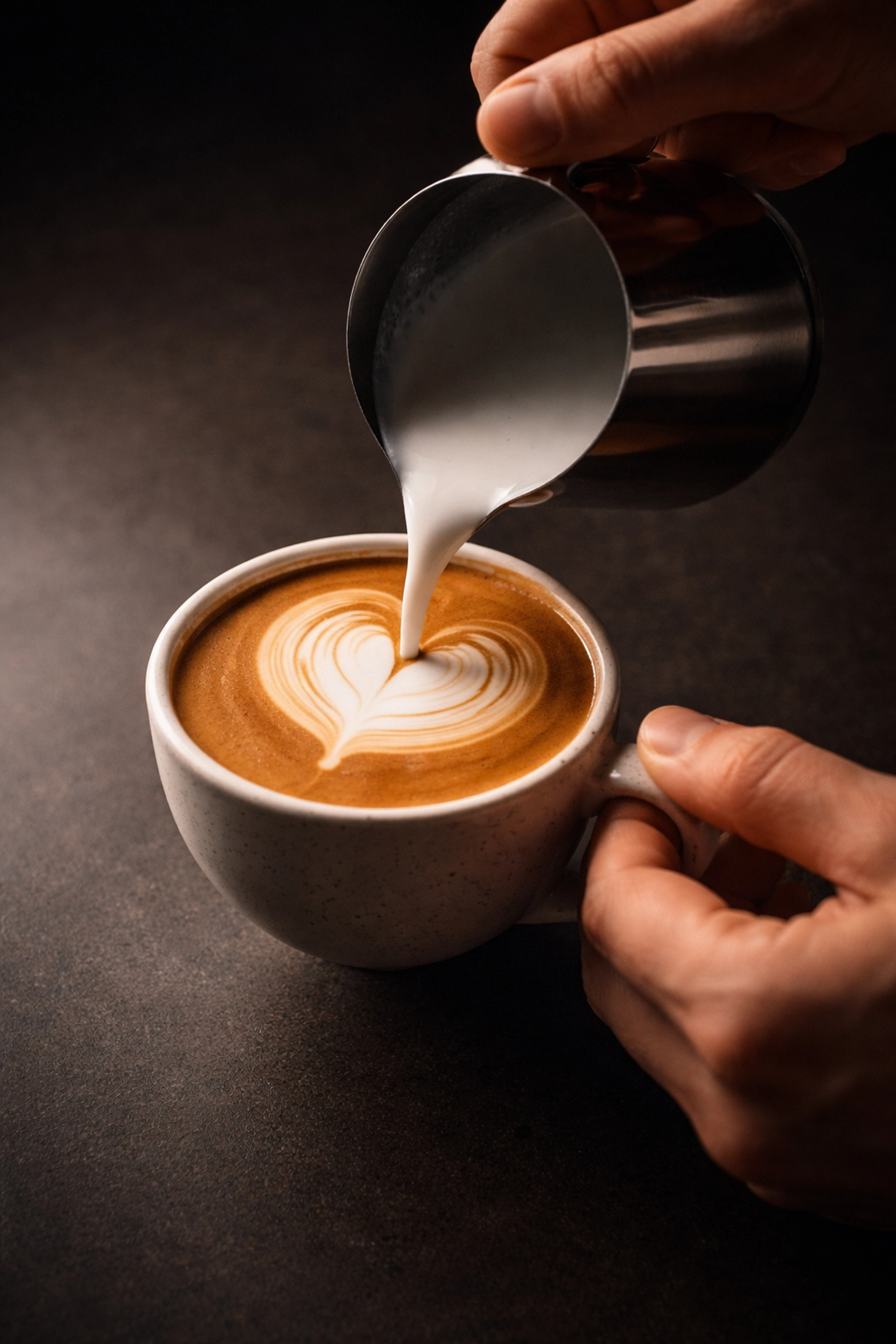 Barista pouring latte art heart into espresso in trendy Brisbane coffee shop, showcasing coffee craftsmanship