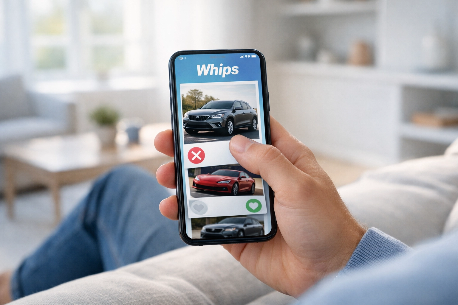 Happy woman using Whips car shopping app while relaxing on couch at home