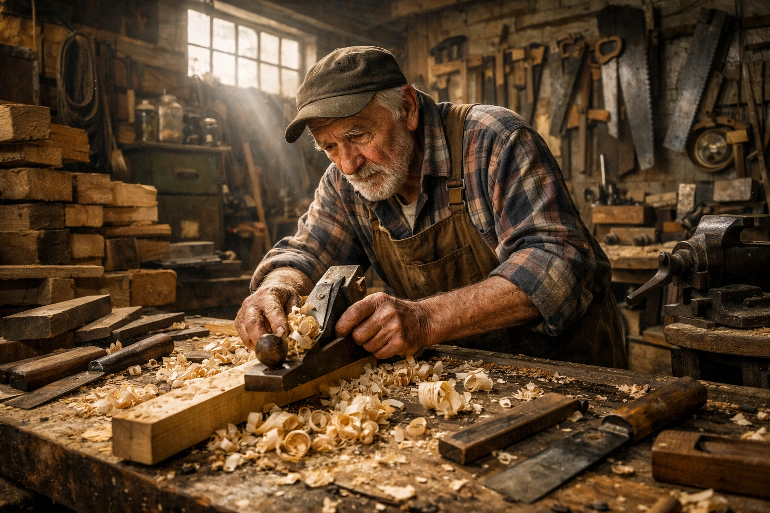 Environmental portrait technique showing a craftsman in his workshop with natural light.