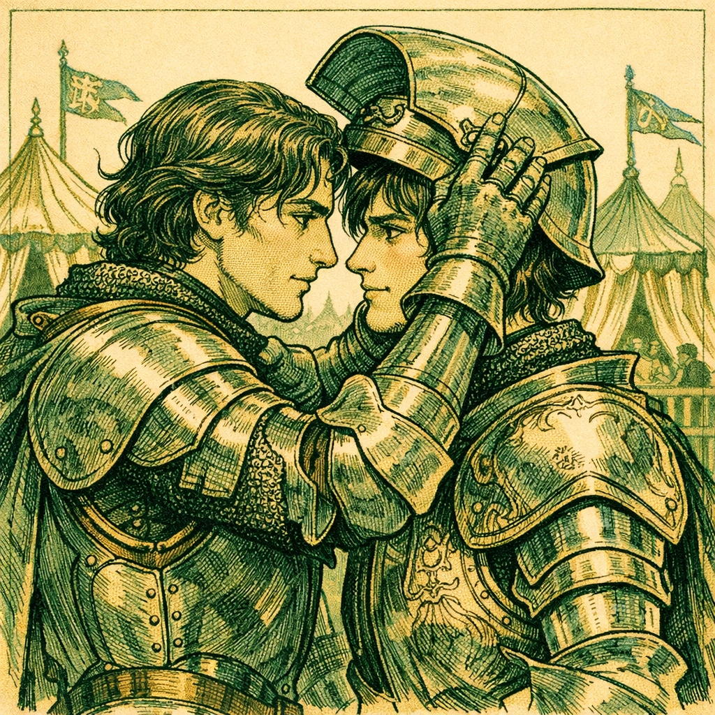 Knights at medieval tournament after joust - gay historical romance illustration