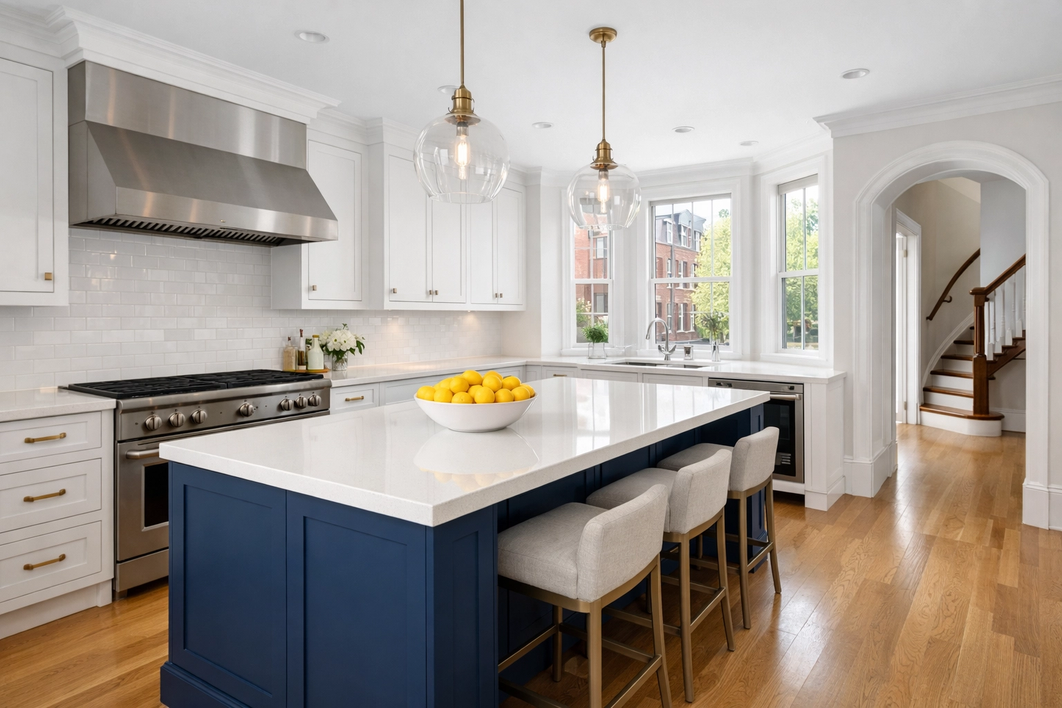 A luxury Boston kitchen after professional post-construction cleaning services in Massachusetts.