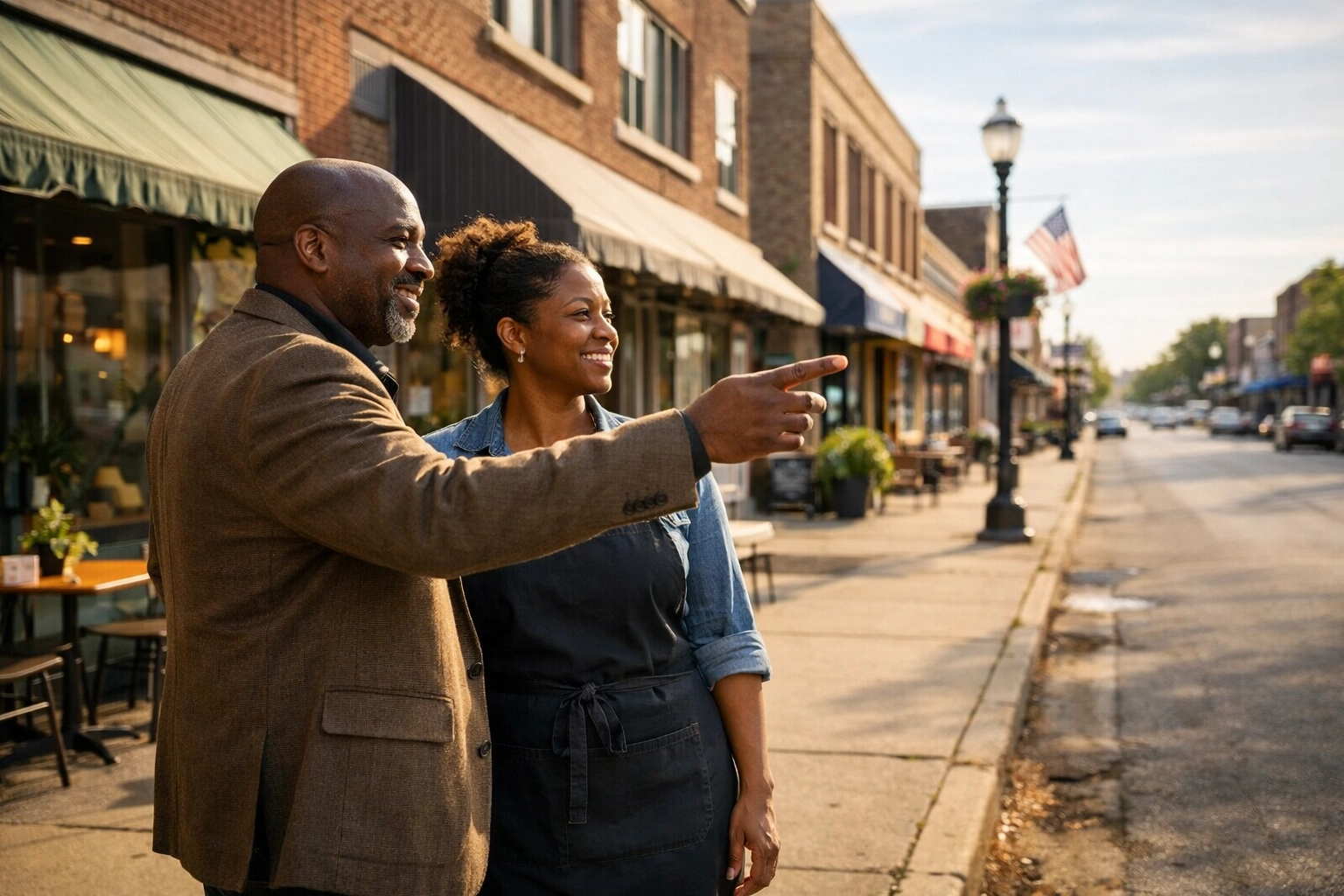 Black pastor and local business owner collaborating on community growth in their square mile.