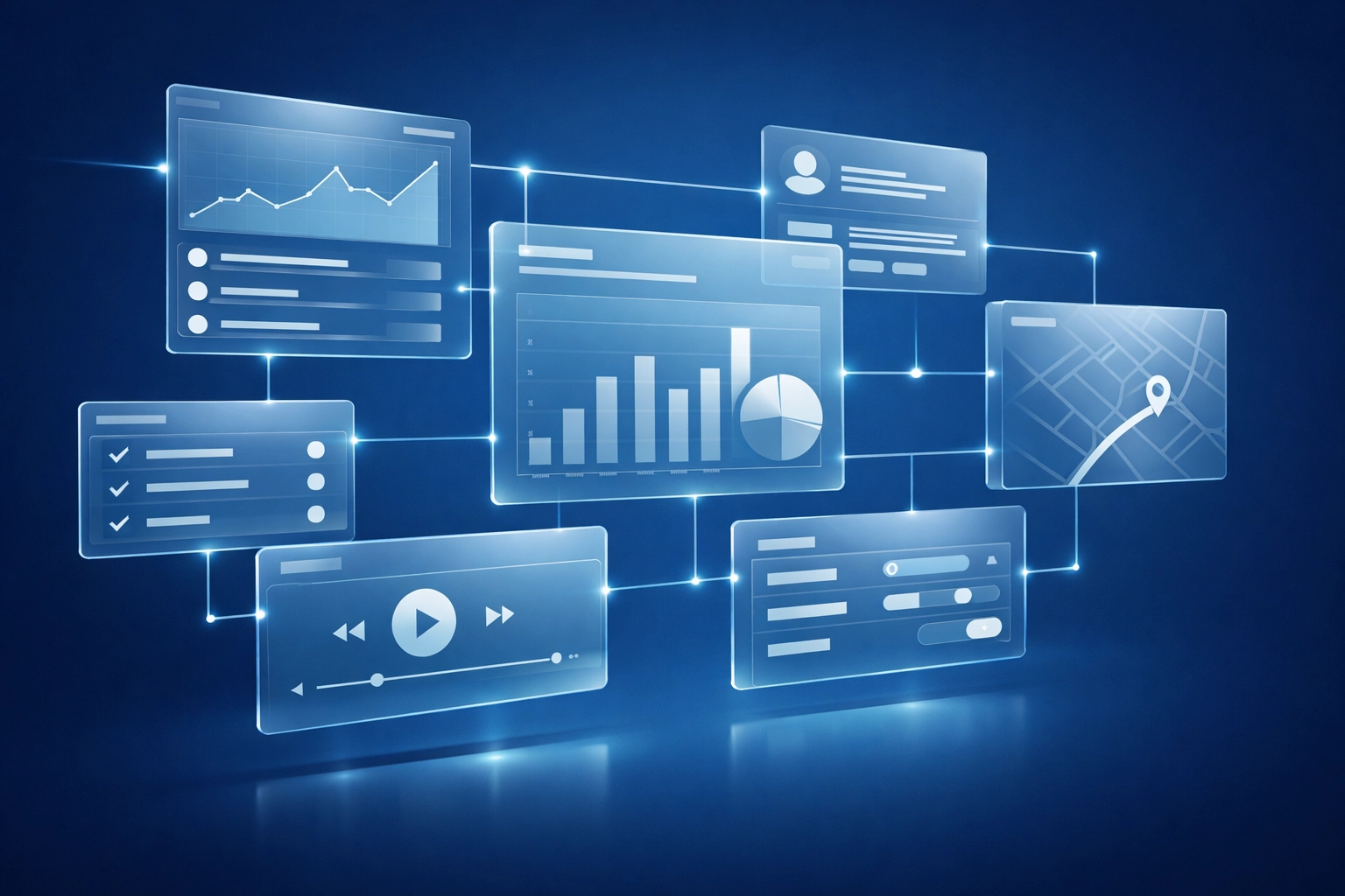 Interconnected digital panels representing a custom scalable software architecture for service business operations.