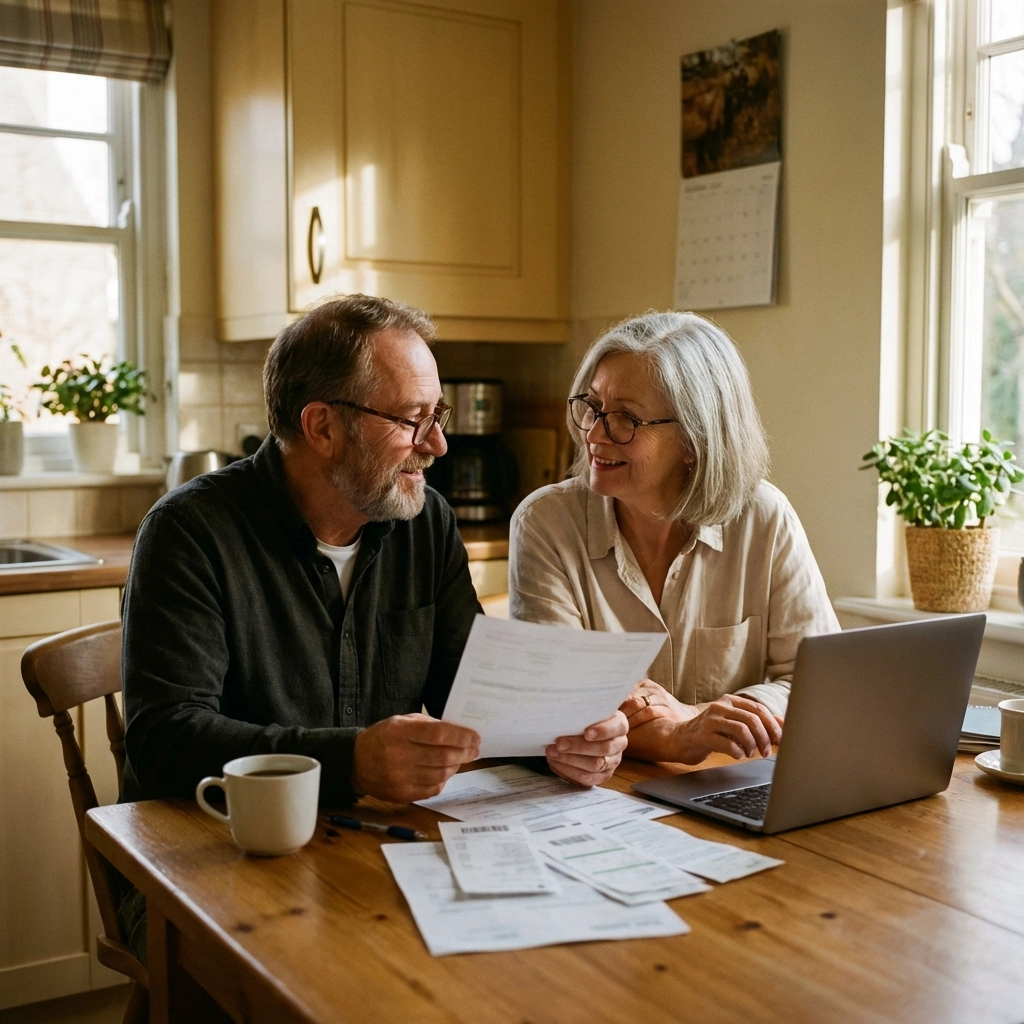 Retired couple in their 60s reviews bills and plans expenses together at their kitchen table for retirement budgeting.