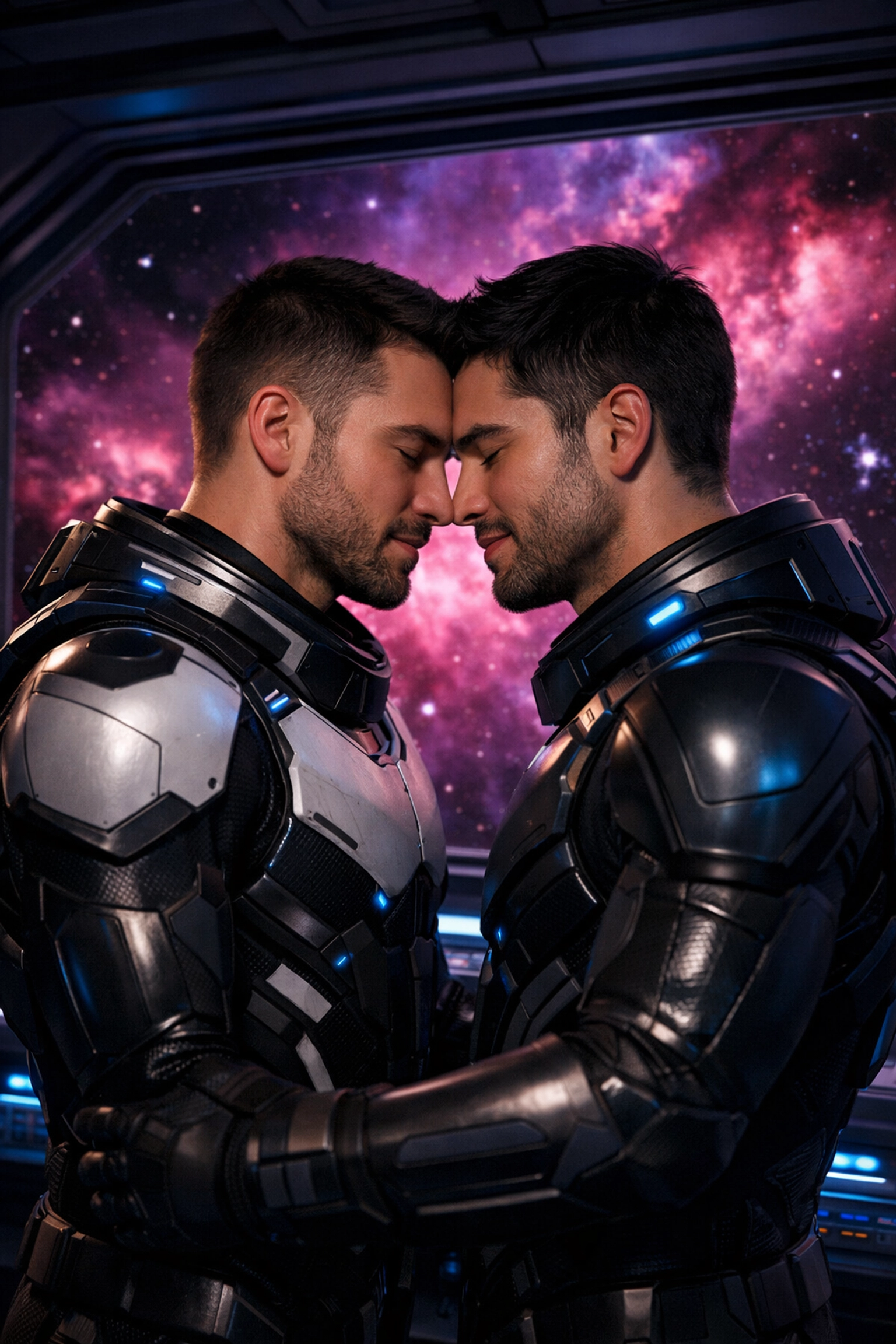 Two men in futuristic space suits share an intimate MM romance moment on a starship overlooking a nebula.