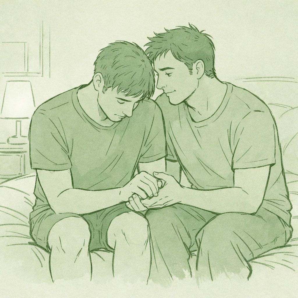 Two men sharing comforting moment on bed discussing first-time intimacy anxiety in MM romance