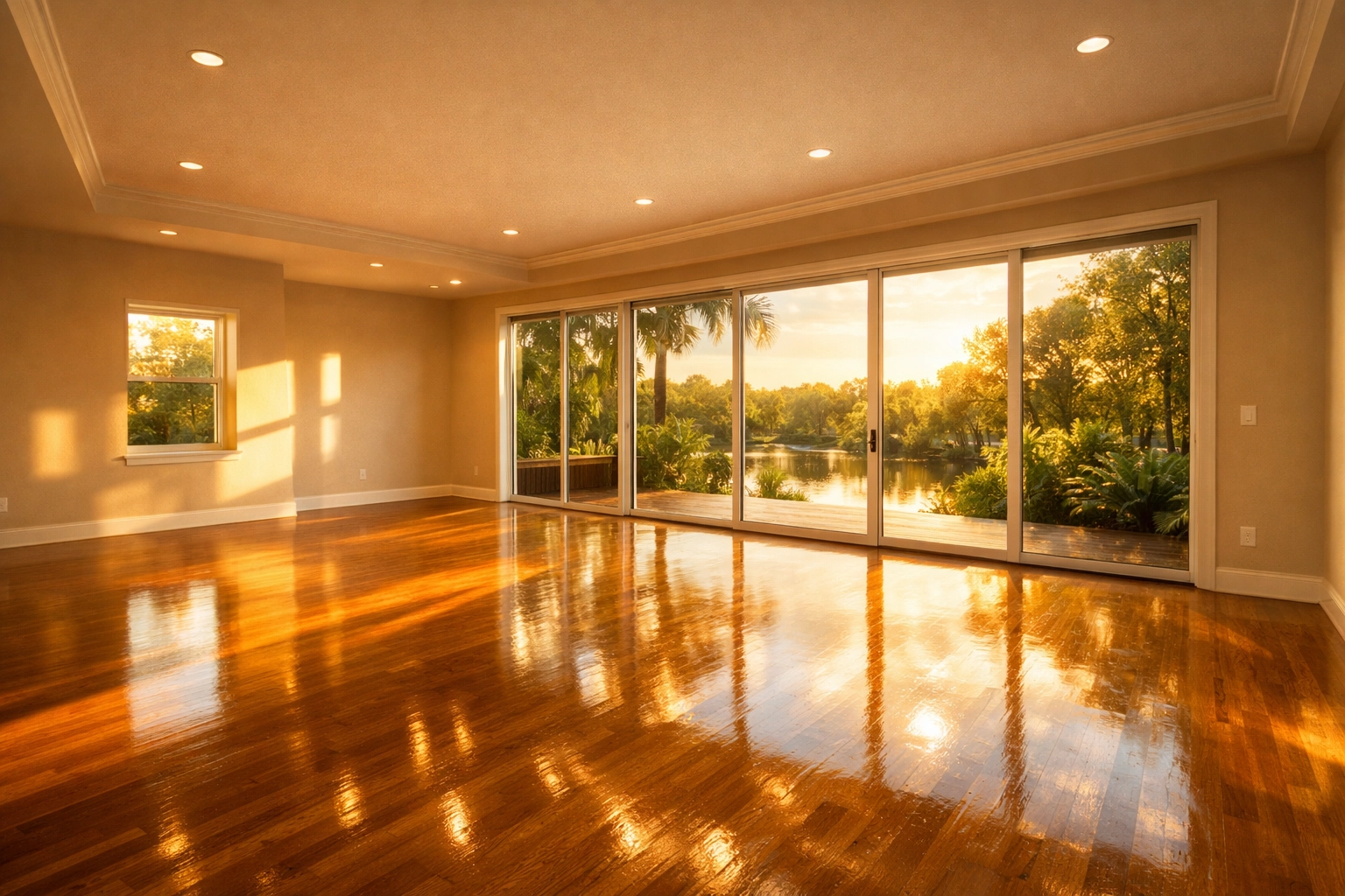 A perfectly clean, empty Winter Park living room with polished floors ready for a successful move-out inspection.