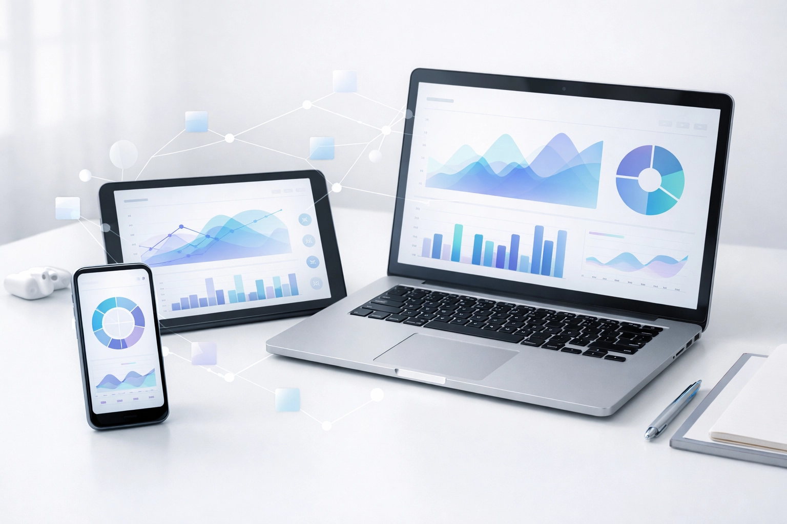 Multiple devices displaying marketing data showing cross-device patient tracking for rehab centers