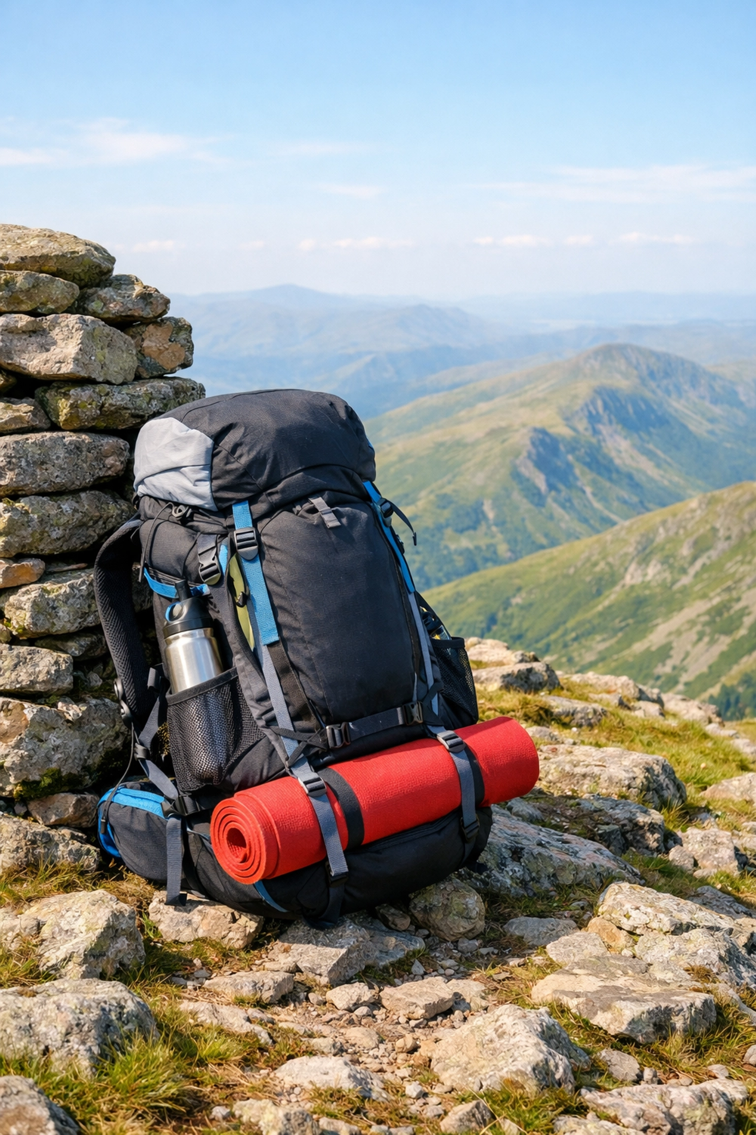 A balanced 50-litre trekking backpack leaning against a stone cairn overlooking the Lake District peaks.