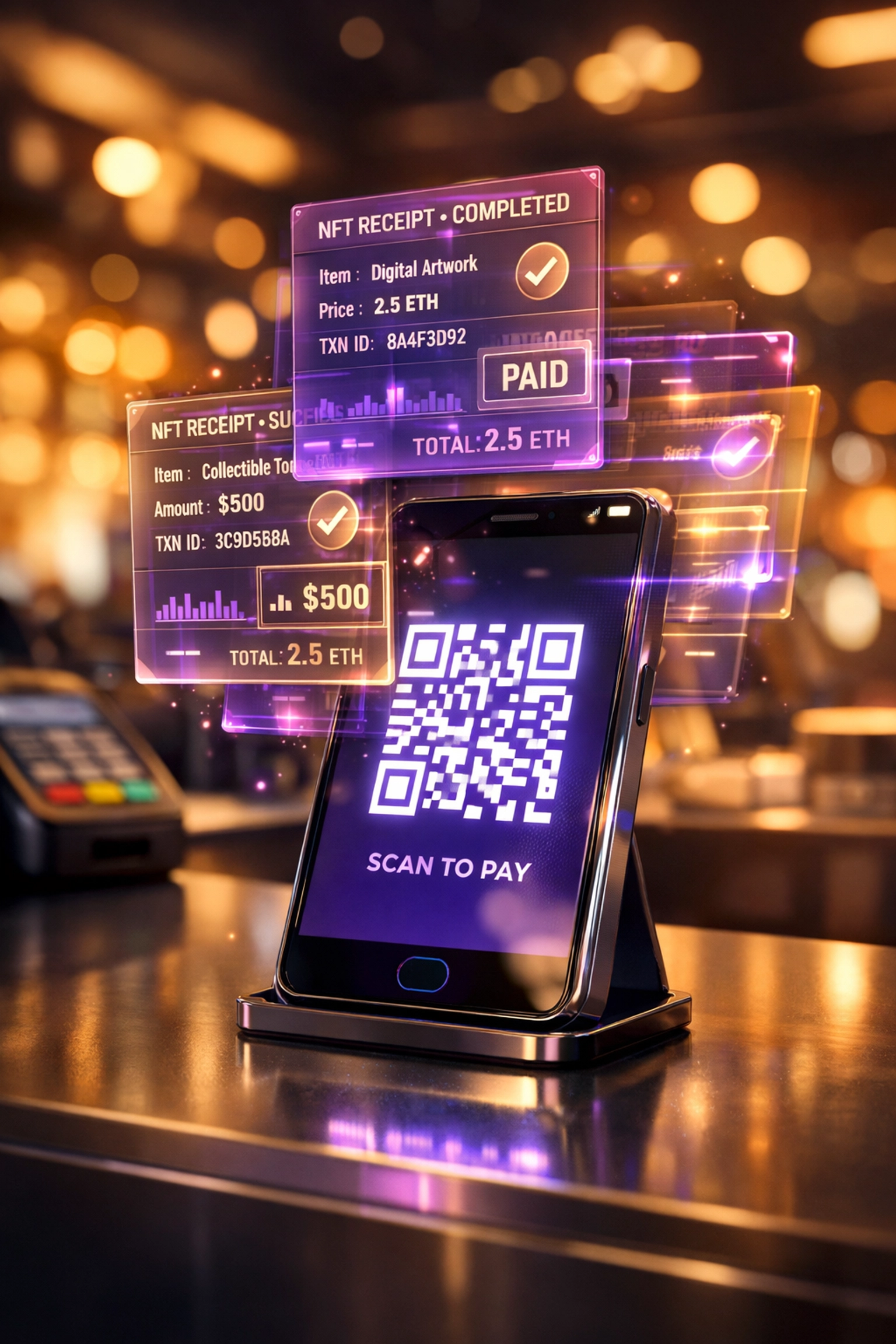 Smartphone displaying QR code with NFT receipt generation at retail point-of-sale counter