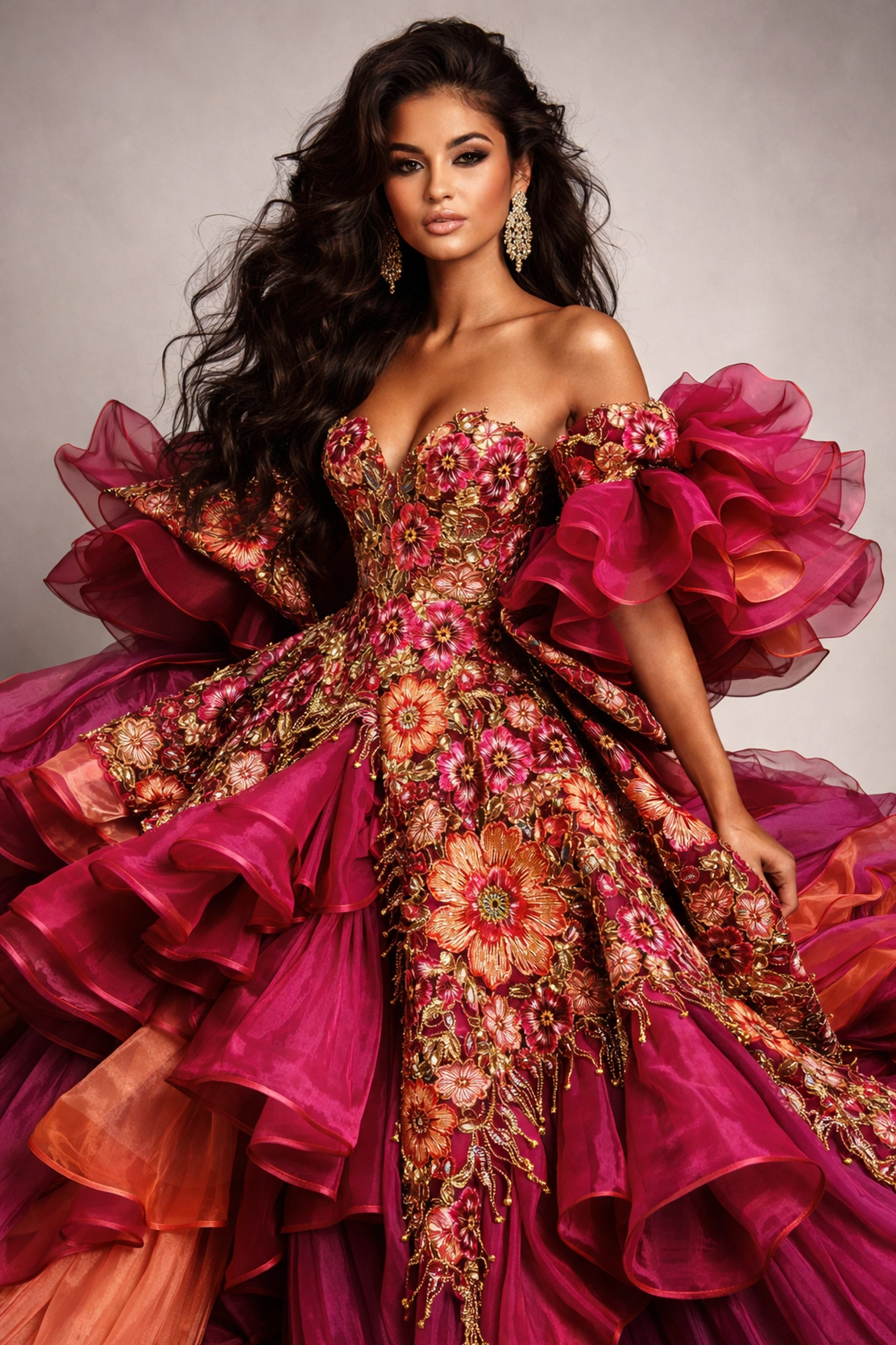 Latina model wears intricate ruffled gown with vibrant Mexican embroidery, honoring Carlos Pineda's heritage.
