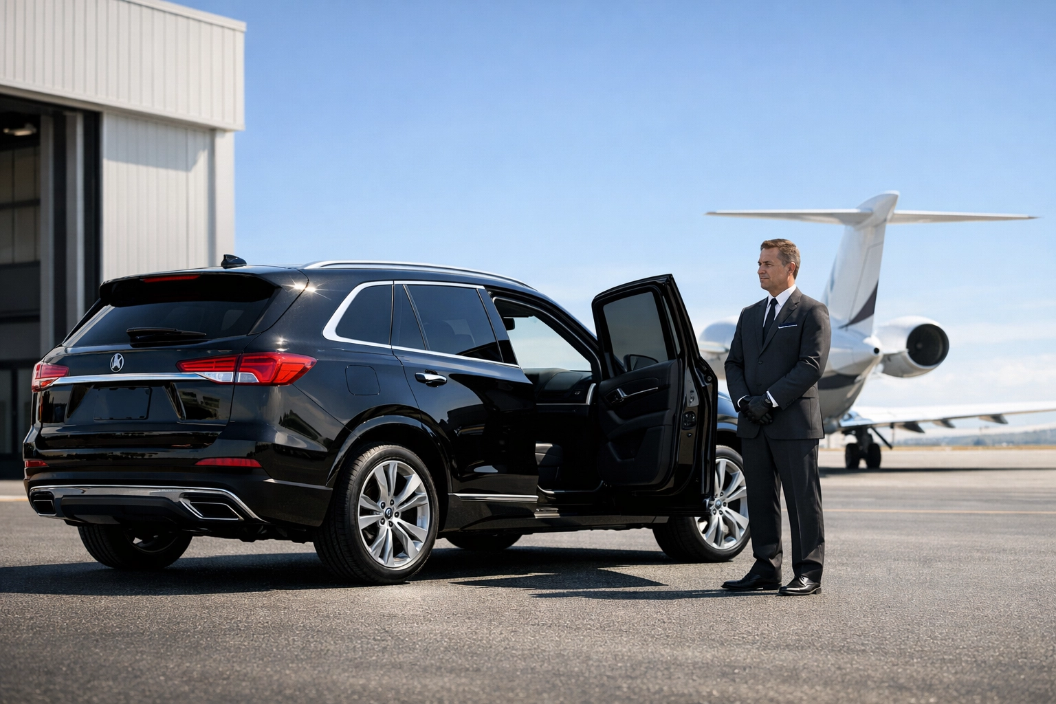 Super Bowl Branding Blitz Secrets Revealed: What Experts Don't Want You to Know About VIP Logistics Chauffeur awaiting executive guests at a private jet terminal for seamless Super Bowl VIP transportation.