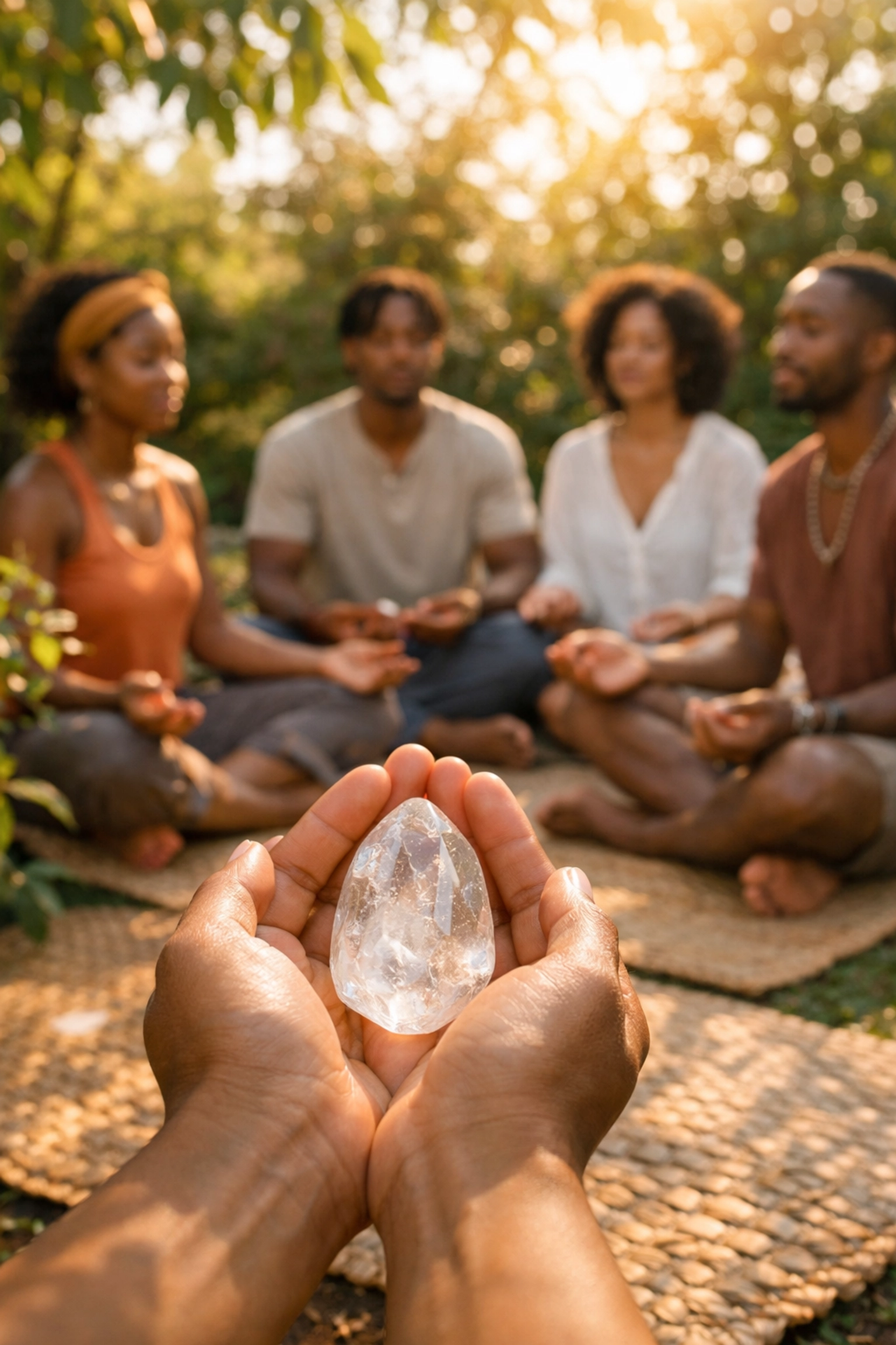 African American youth using crystals in a grounding exercise for nervous system regulation and healing.
